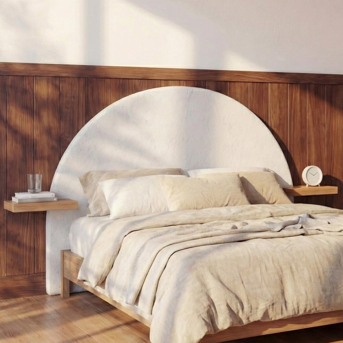 Chambre aux murs blanc cassé avec tête de lit Fira en plâtre et bois d'acacia