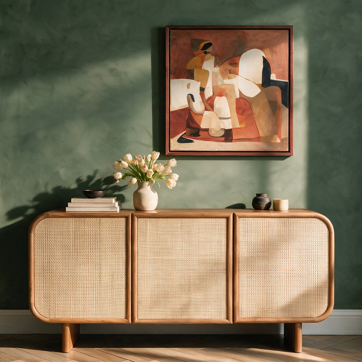Ambiance buffet bois et cannage mur vert sapin – Maison Pavane