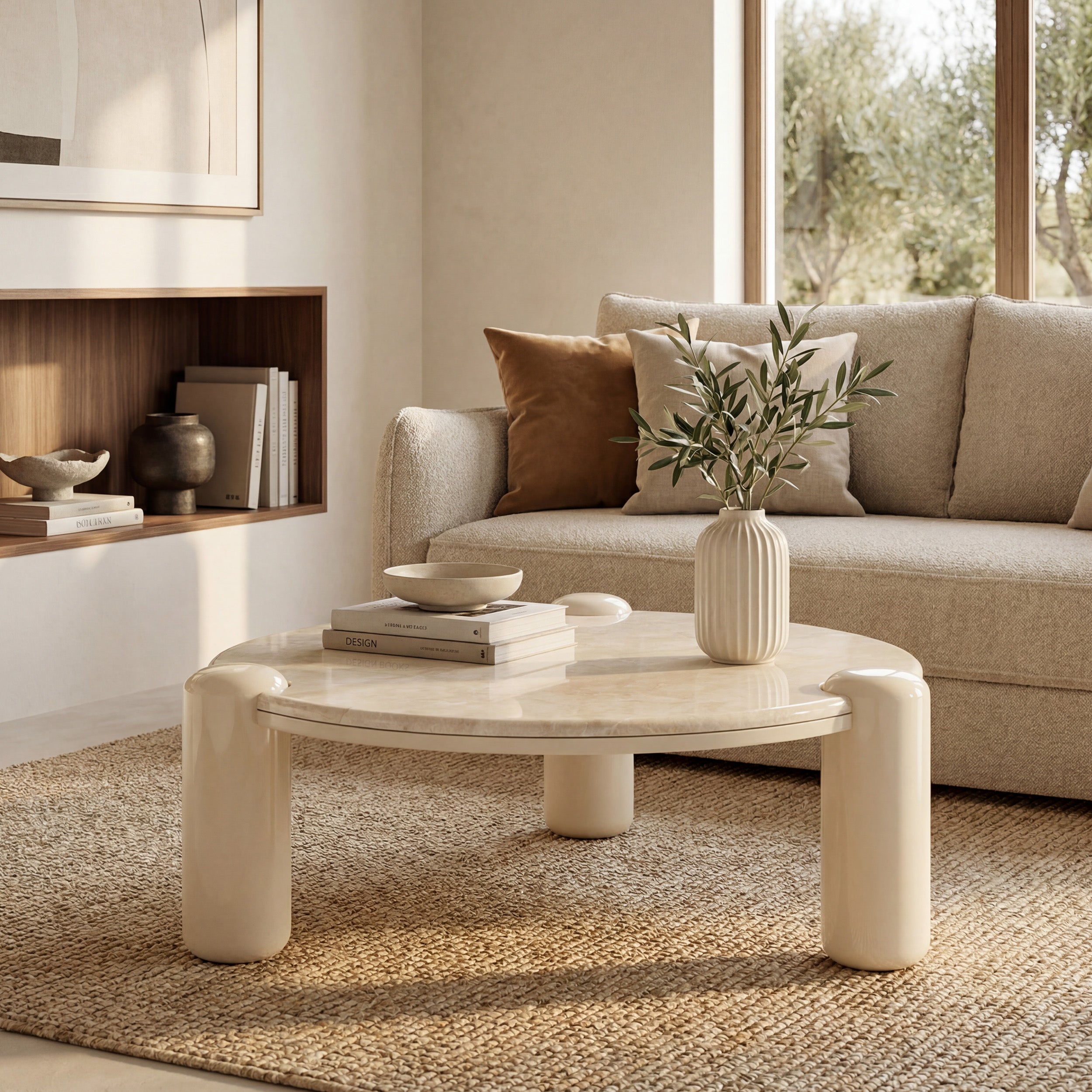 Couchtisch Hanaé aus weißem Marmor mit magnolienfarbenen, lackierten Beinen, 86 cm – Maison Pavane
