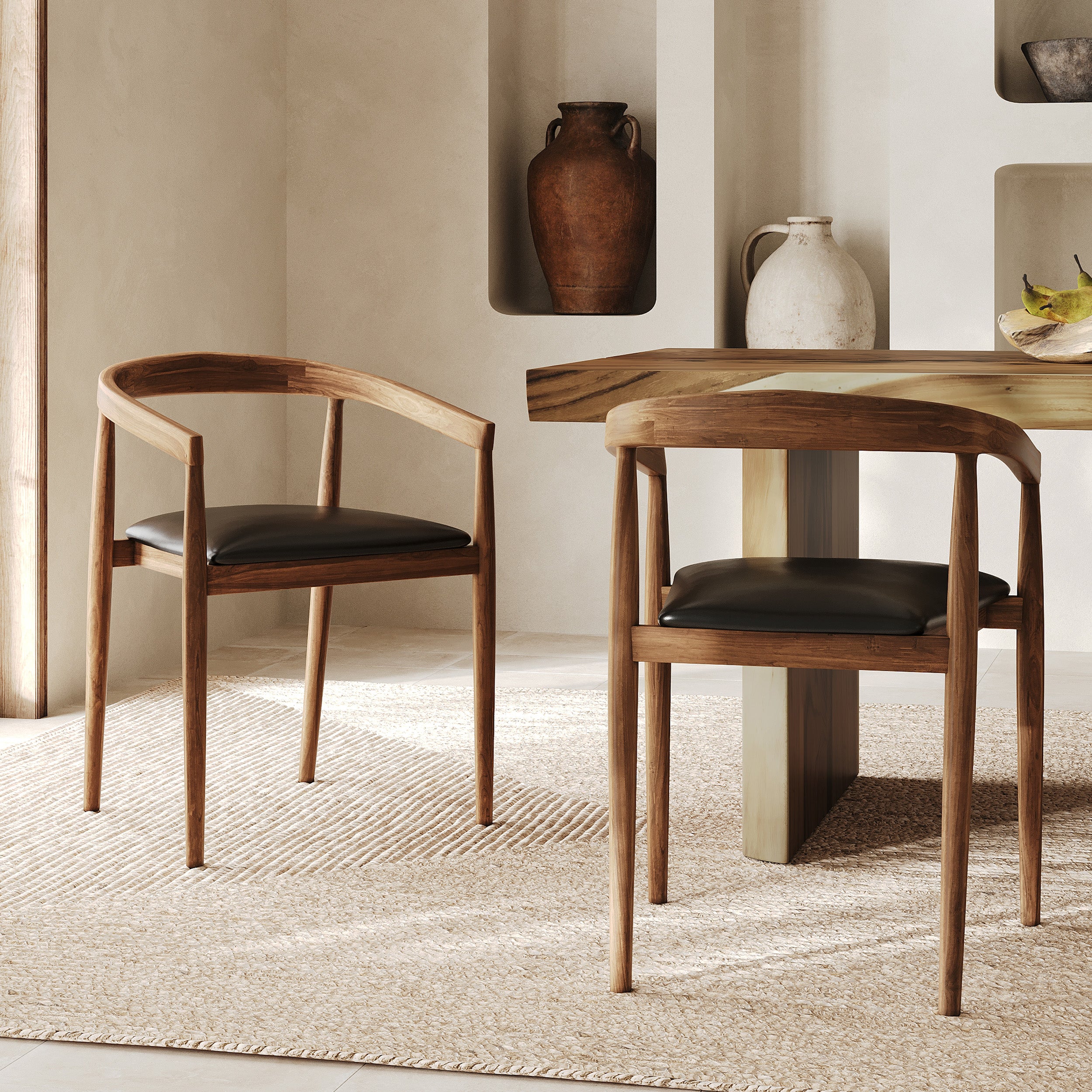 2 chaises Bali bois de teck et cuir noir
