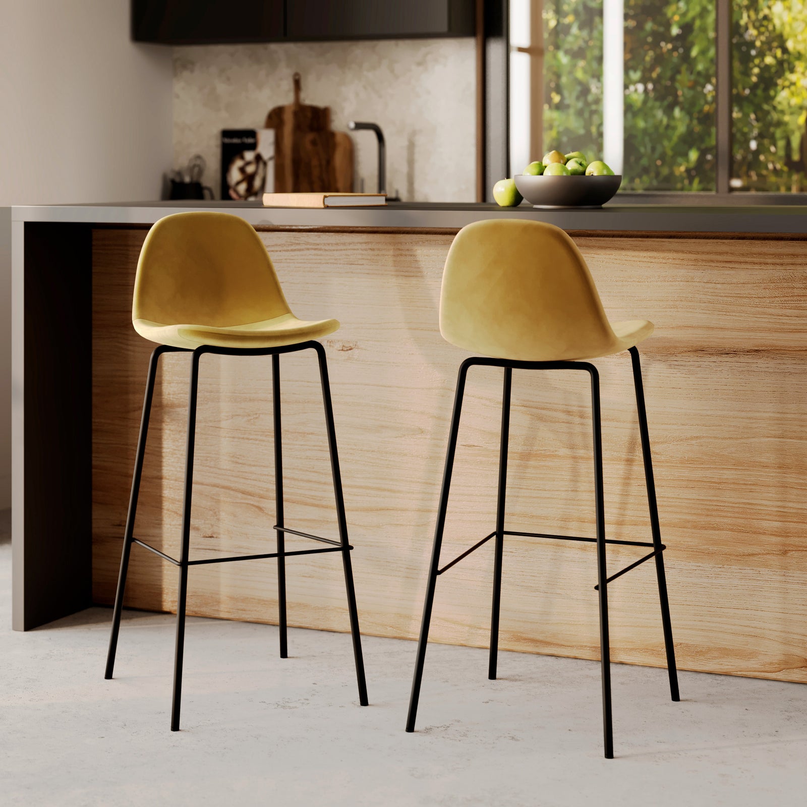 2 chaises de bar en velours jaunes henrik