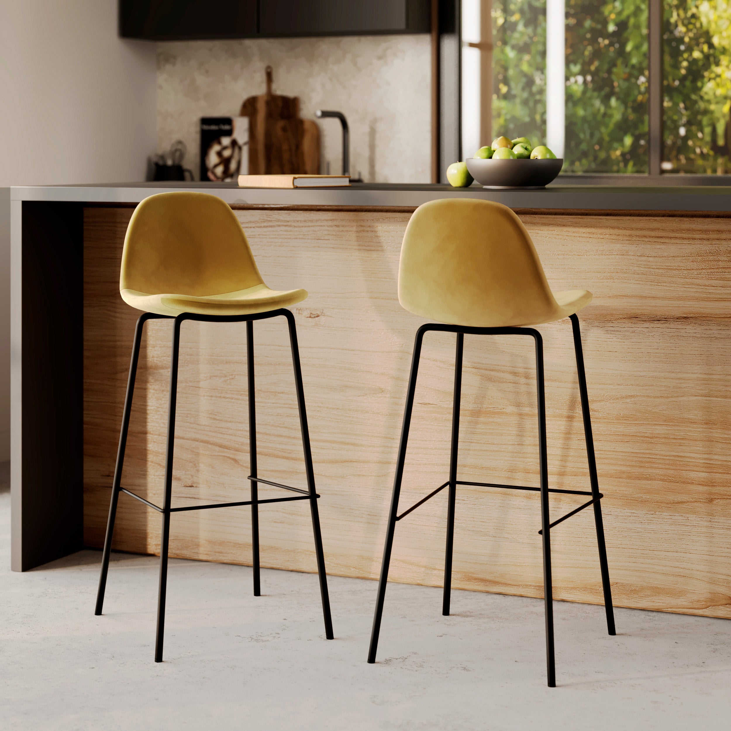 2 chaises de bar en velours jaunes henrik