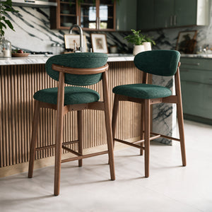 2 chaises de bar tissu vert foncé chiné et bois foncé Yuna – Maison Pavane
