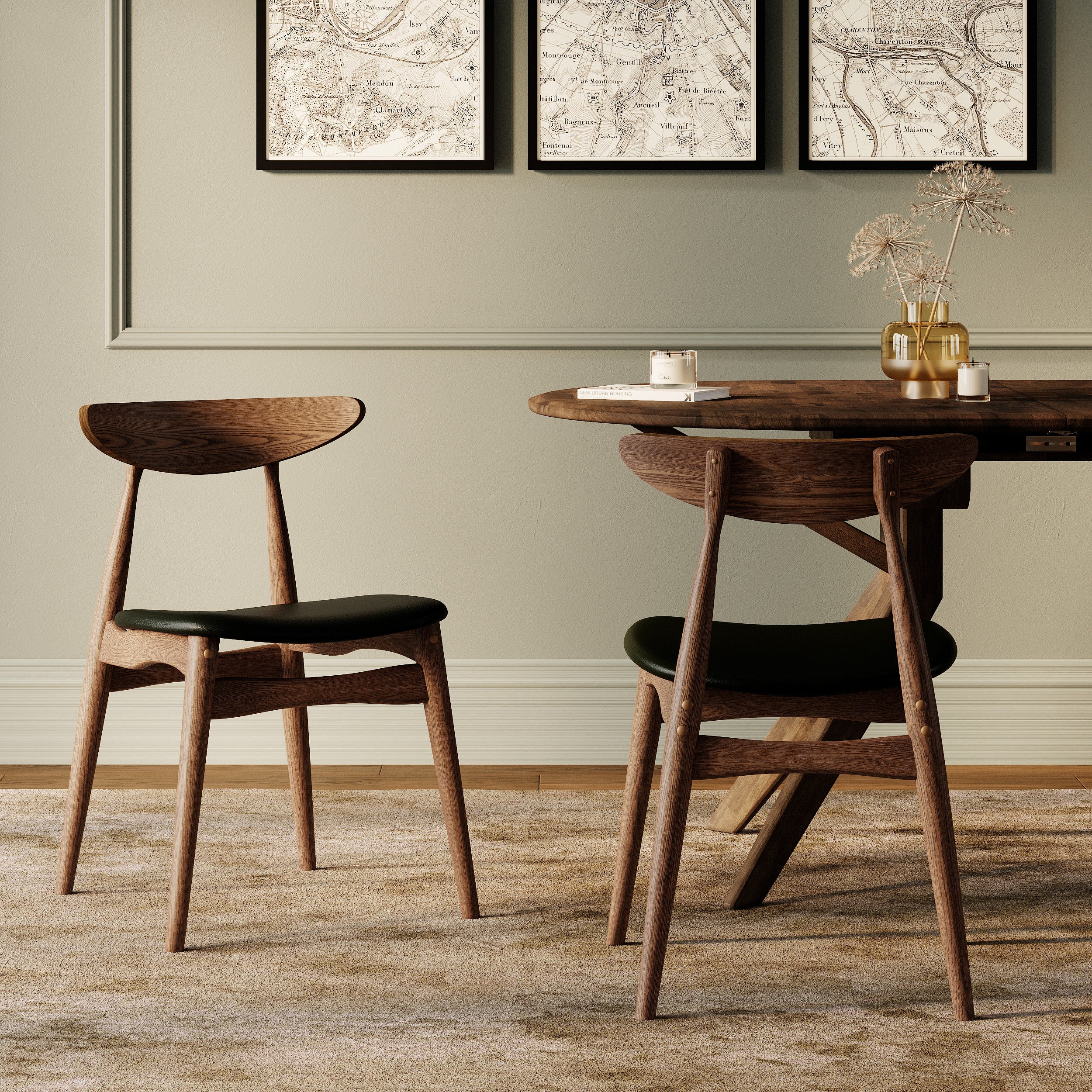 2 chaises en bois fonce et cuir synthetique noir josette