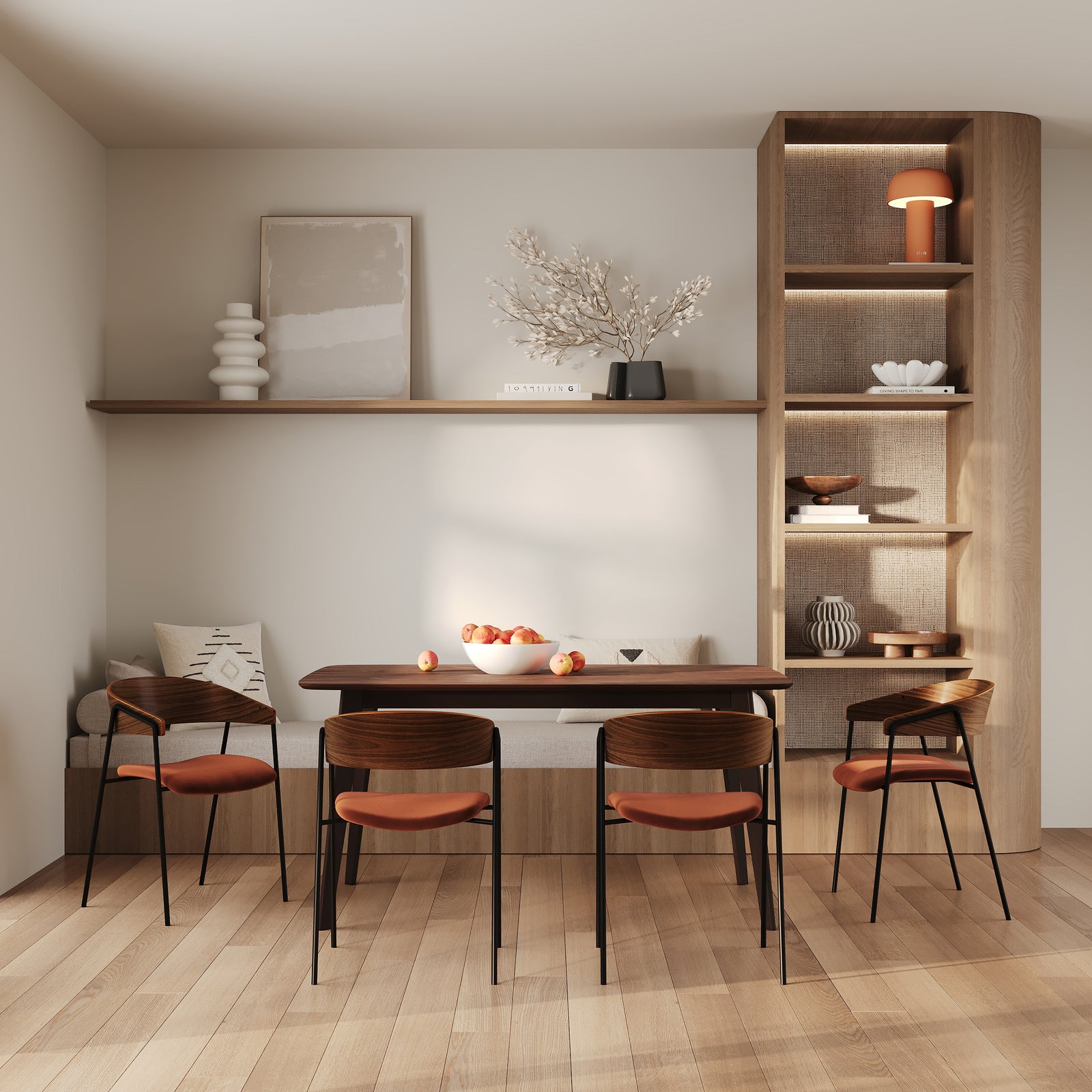 2 chaises en bois foncé et velours orange cuivre terracotta