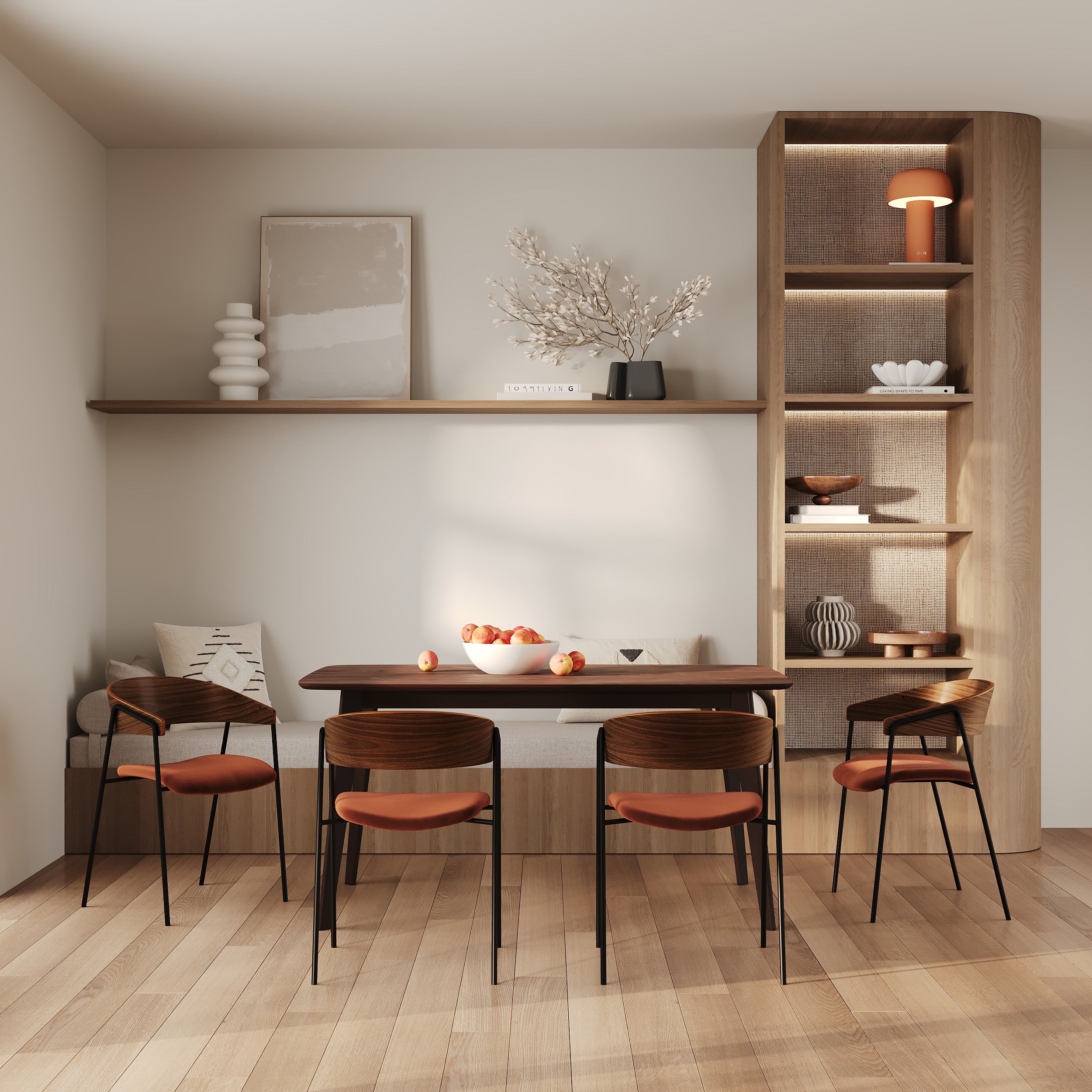 2 chaises en bois foncé et velours orange cuivre terracotta