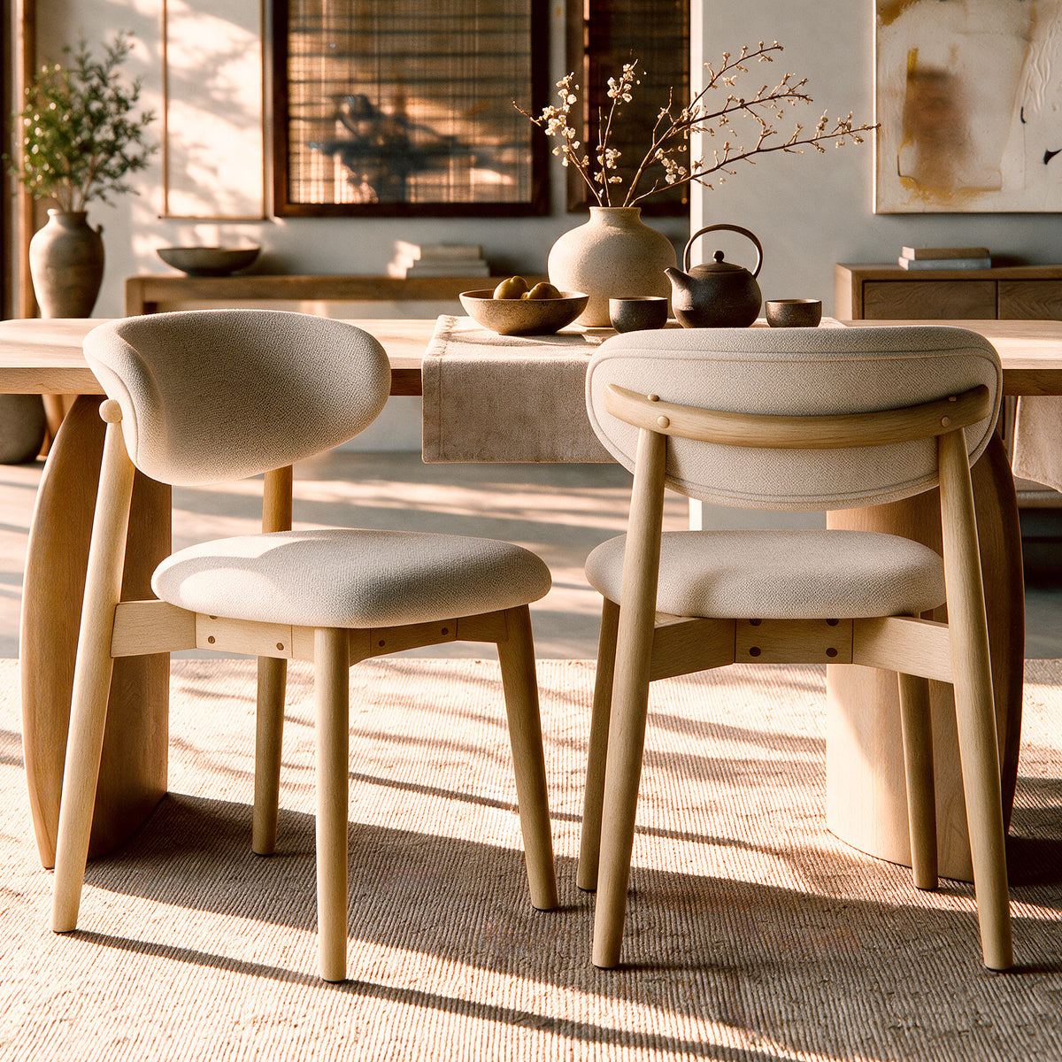 2 chaises en tissu beige et bois clair grande table clair – Maison Pavane