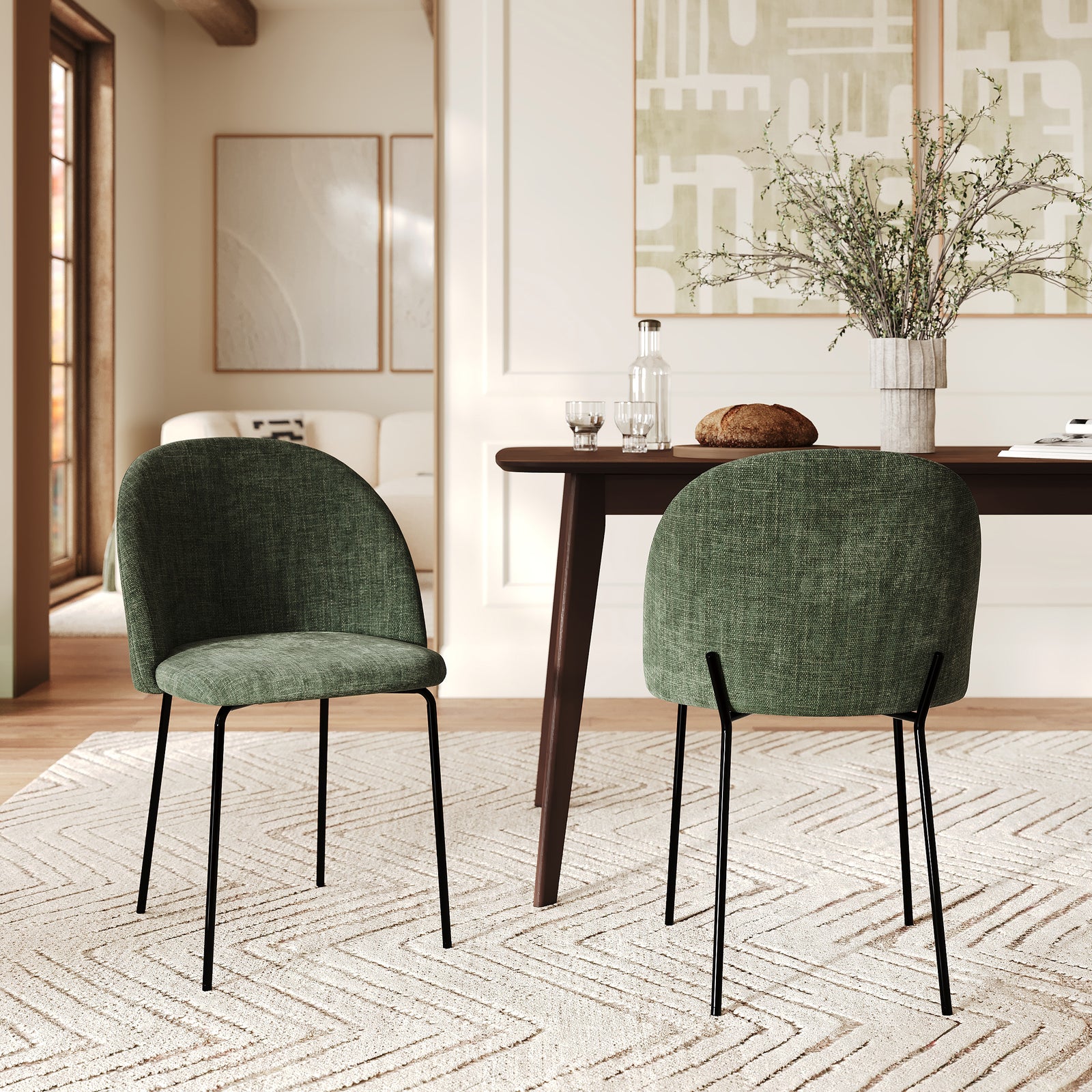 2 chaises en tissu texture vert sapin Karl