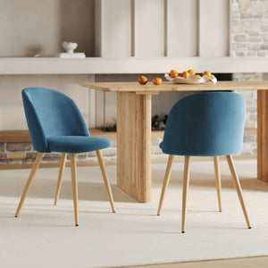 2 sedie in velluto blu con gambe in legno cozy