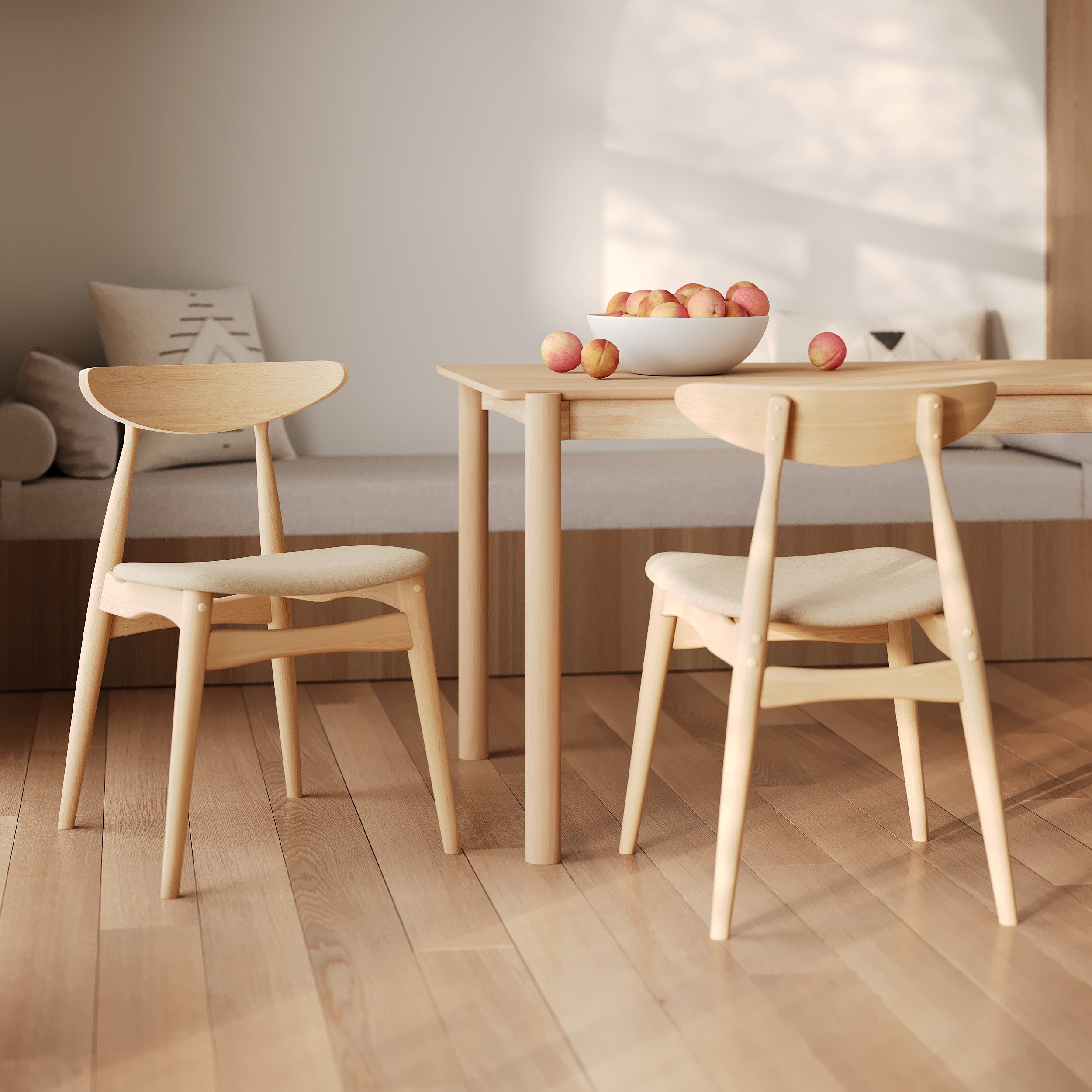 2 chaises josette bois clair et tissu beige