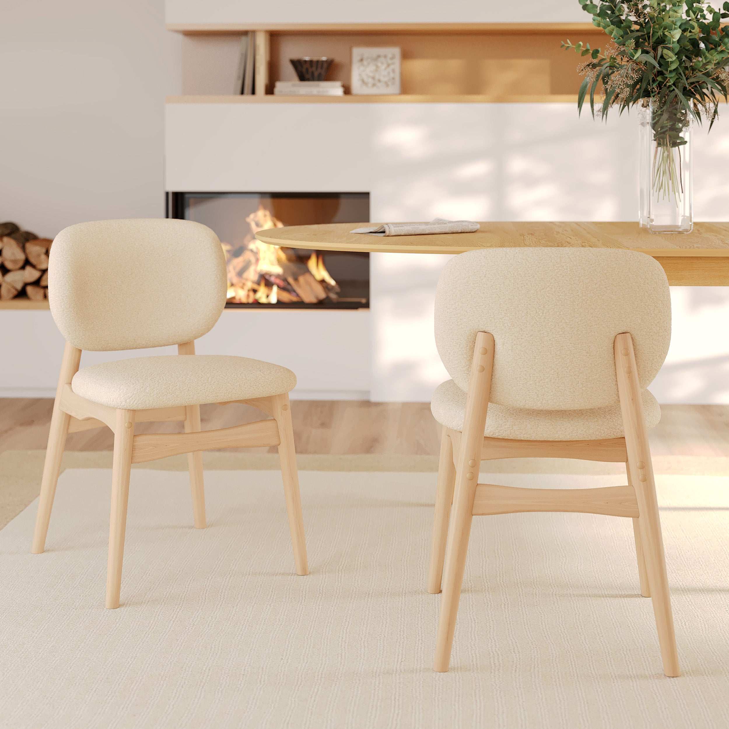 2 chaises paulette en tissu boucle beige et bois