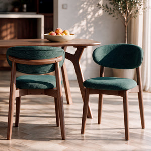 2 chaises tissu vert sapin chiné bois foncé – Maison Pavane
