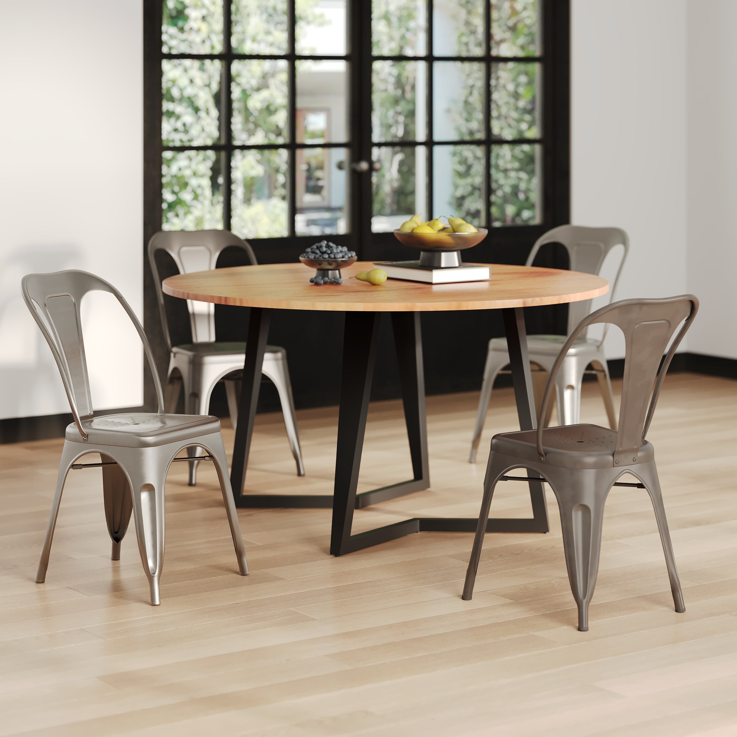 4 chaises en metal gris et gris clair indus