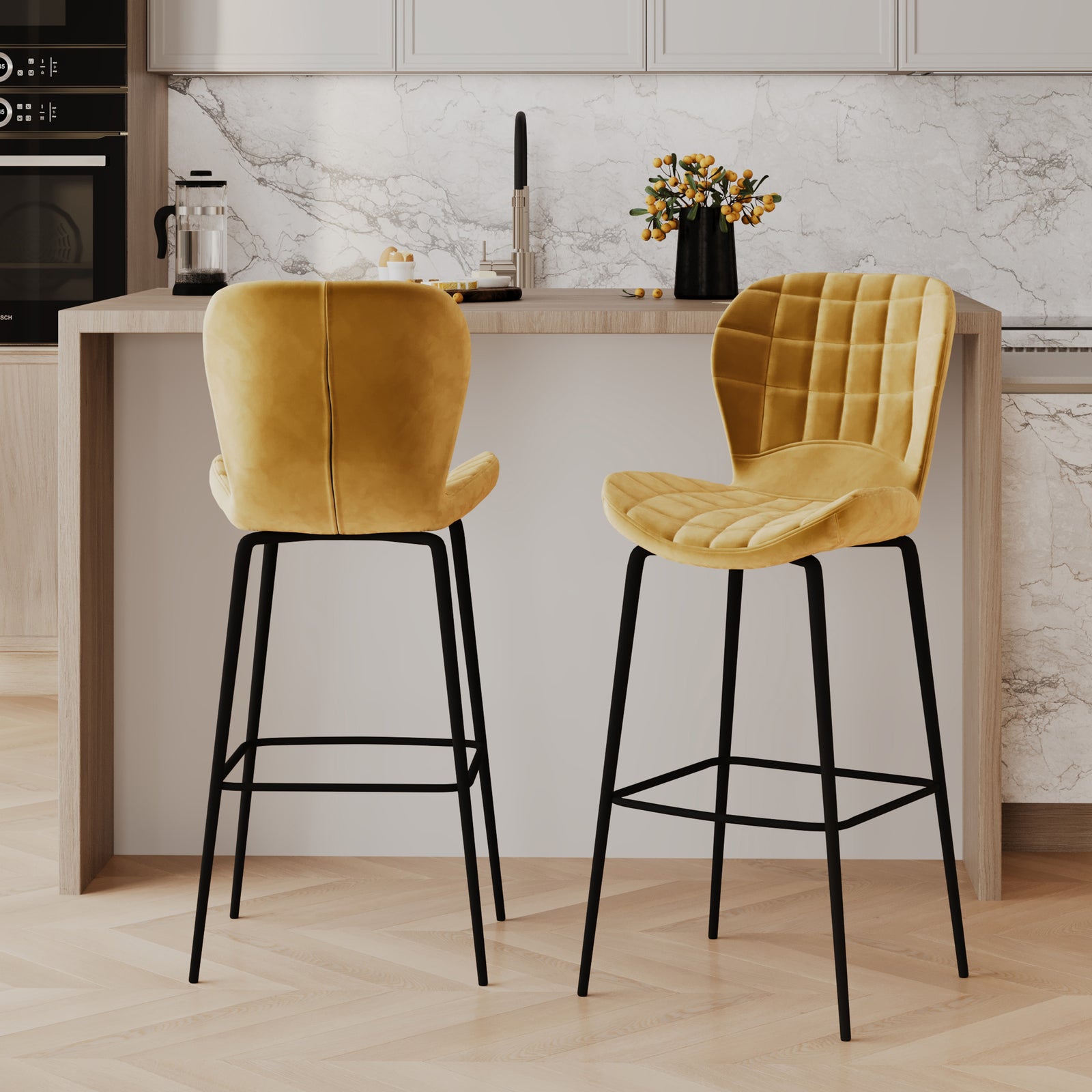 Sgabello da bar mazzia da 75 cm in velluto giallo curry e arancione