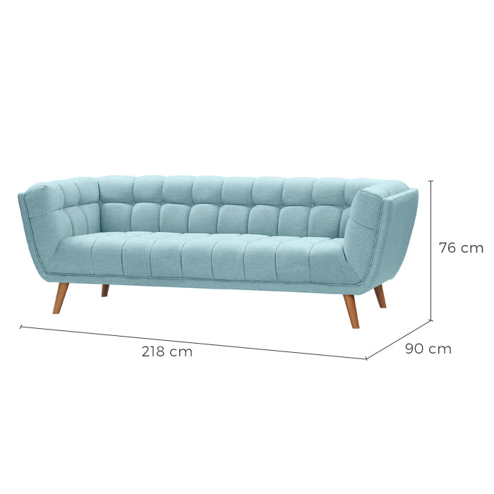acquistare divano blu chiaro con piedi in legno