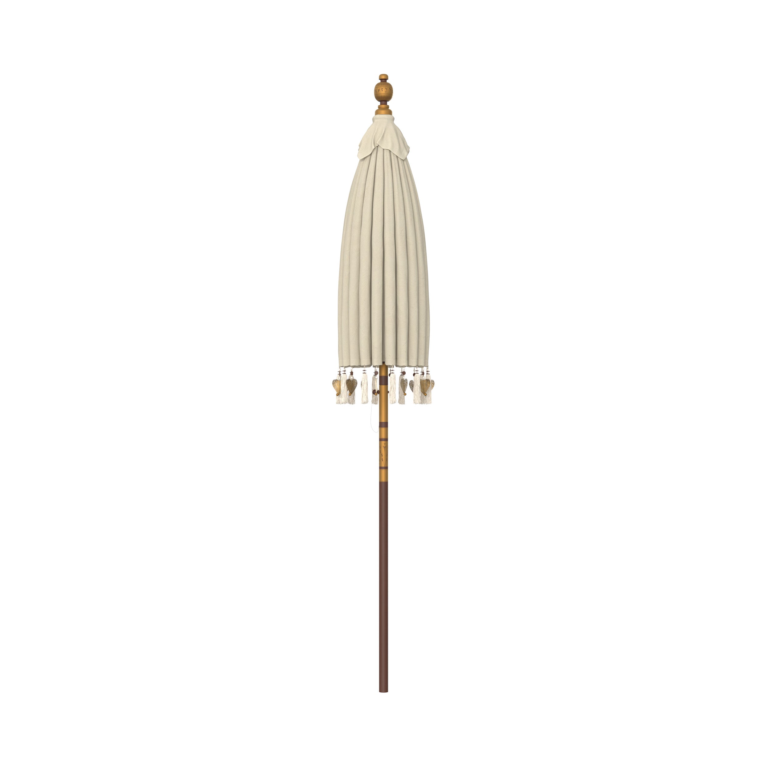 Ali parasole bohemiano in legno e tessuto beige e bianco dettagli a cuore pompon
