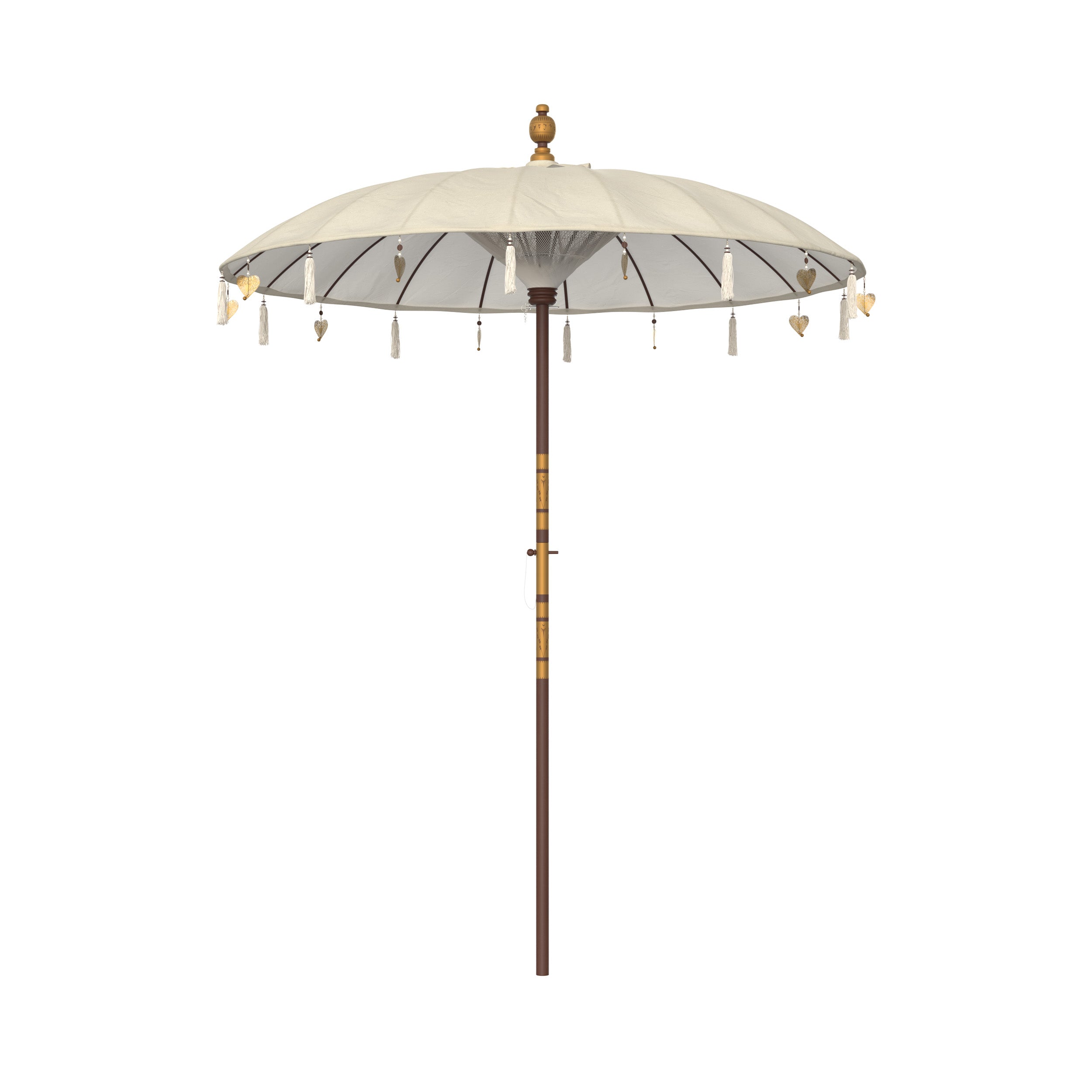 parasol bohemien in legno e tessuto beige e bianco dettagli cuore