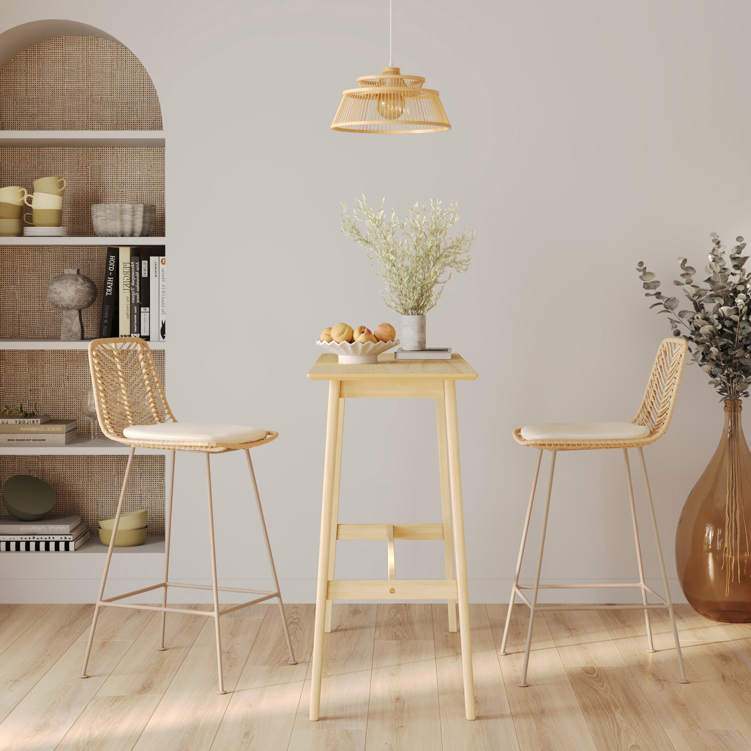 Silla de bar de media altura Tamara de ratán natural y beige 66 cm (lote de 2)