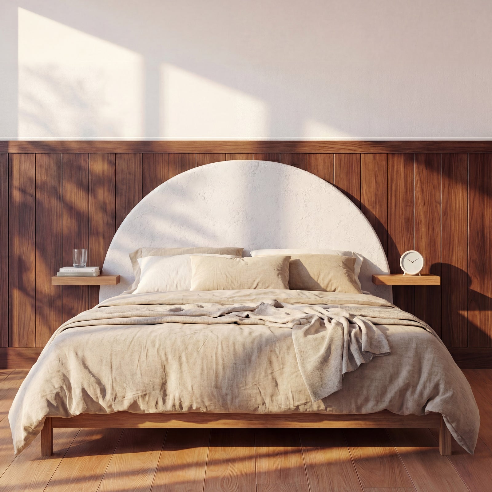 Ambiance chambre tête lit Fira blanc plâtre bois acacia intérieur grec