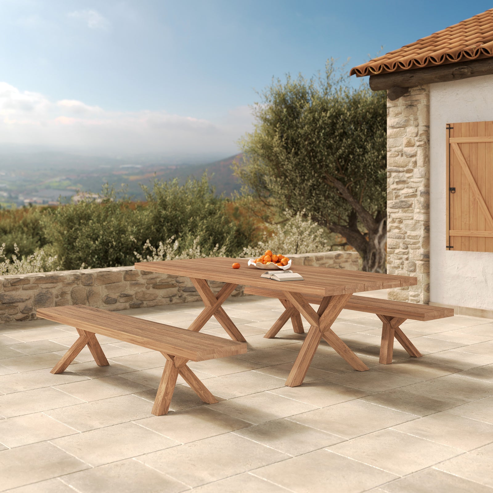Ambiance jardin teck recyclé banc et table extérieur – Maison Pavane
