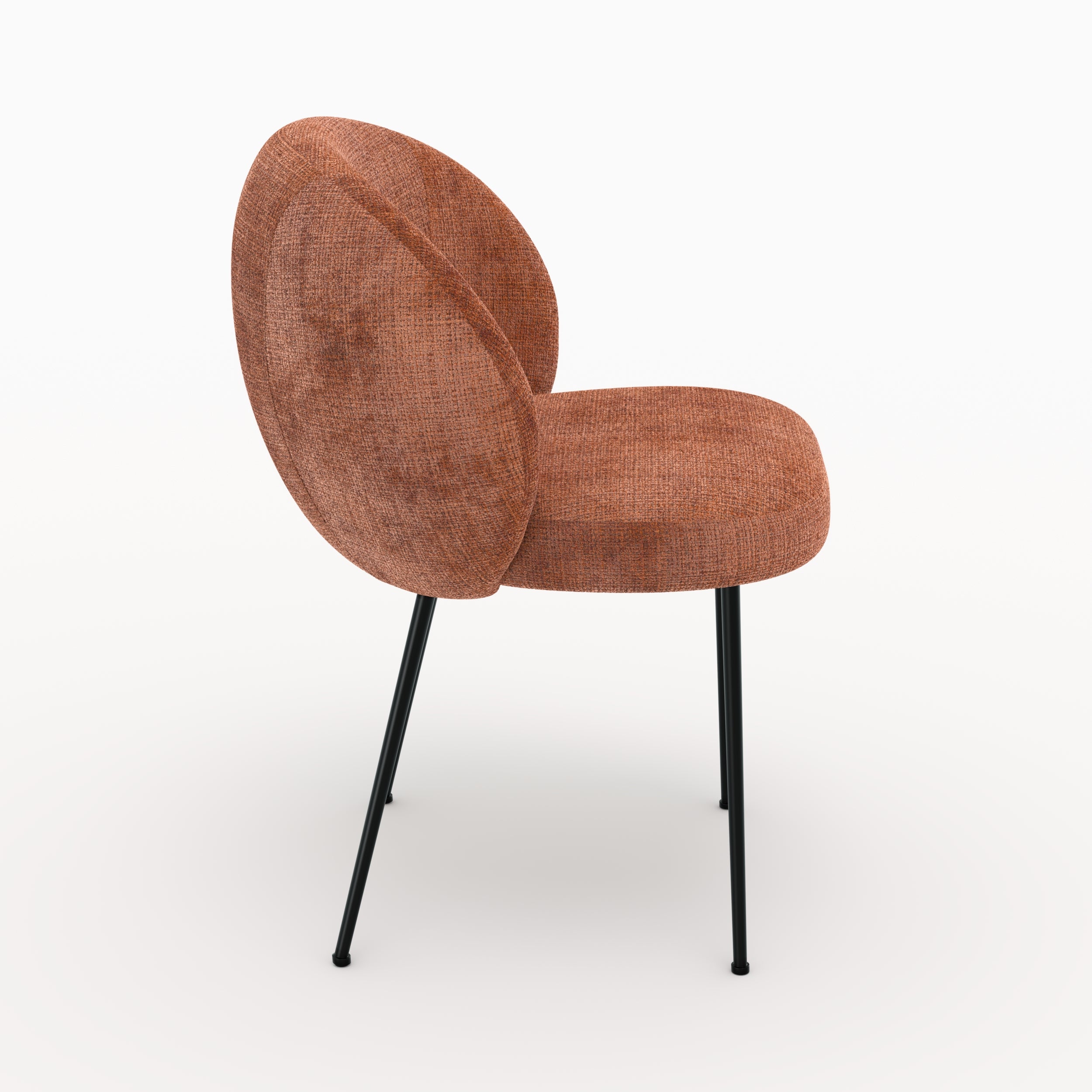 Ambiance salon chaise Bloomy en velours chenille terracotta et métal noir