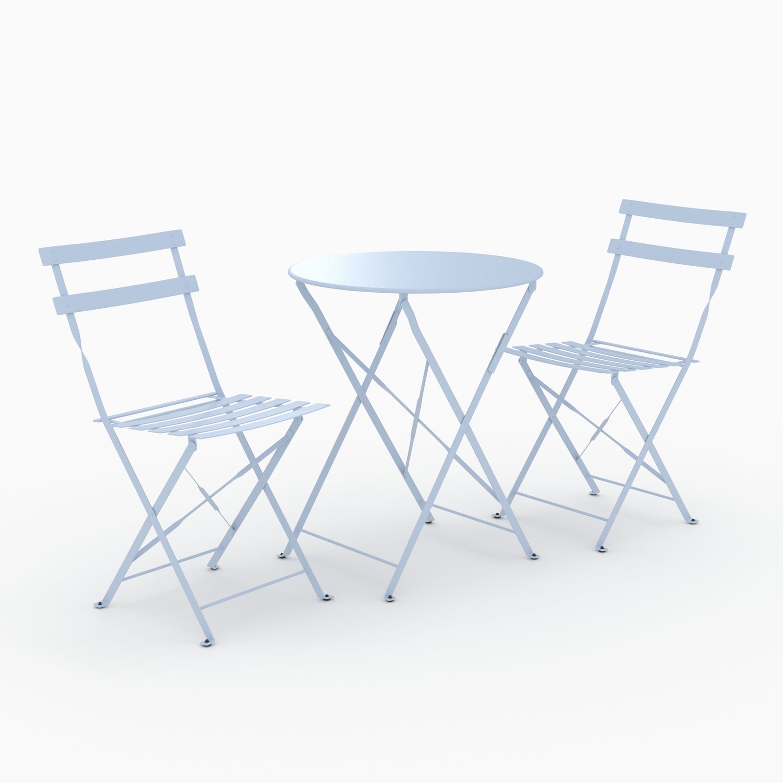 Ambiance salon table ronde et chaises de jardin pliantes Kayla 2 places en métal bleu