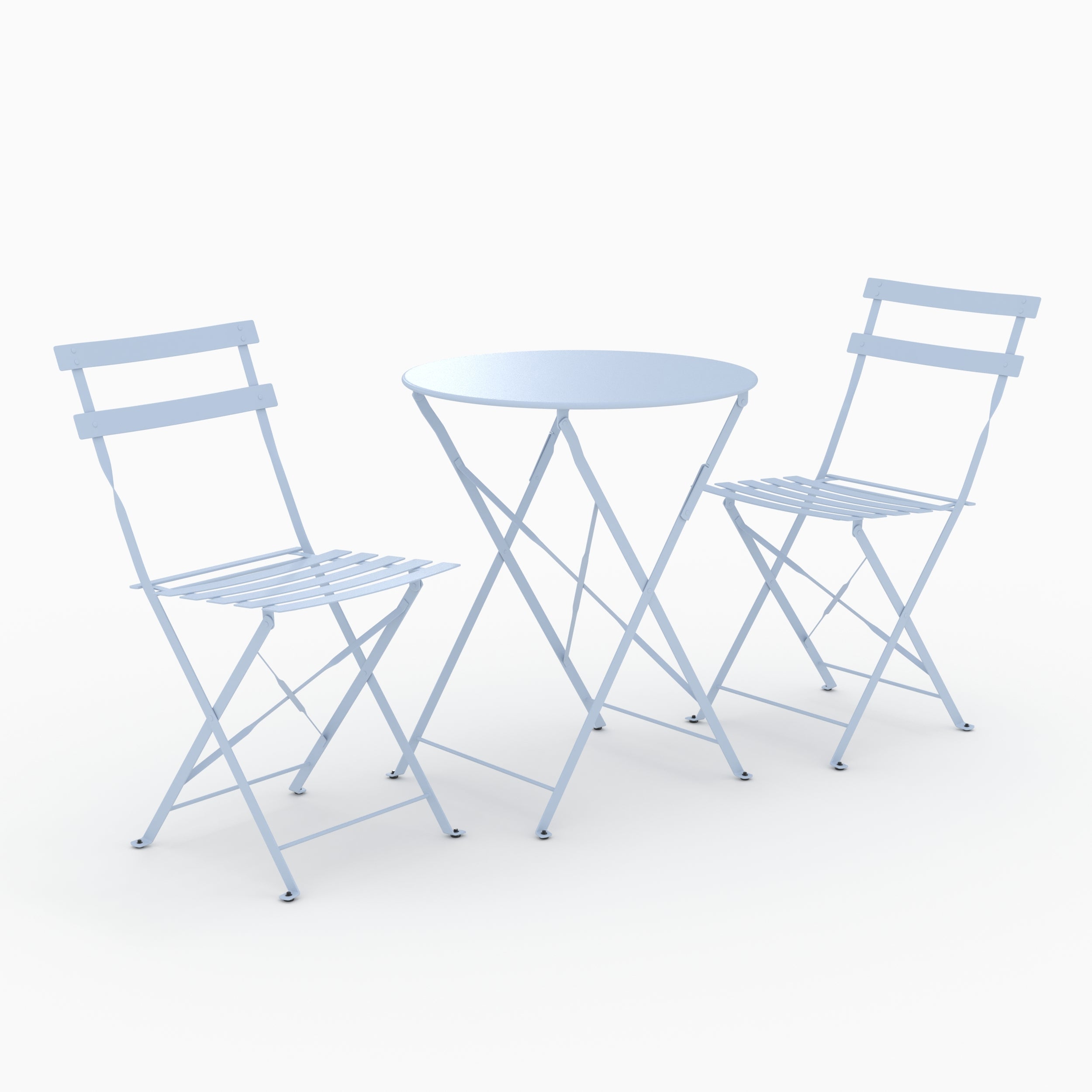 Ambiance salon table ronde et chaises de jardin pliantes Kayla 2 places en métal bleu