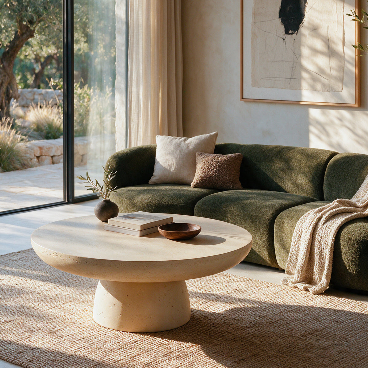 Ambiance table basse effet béton blanc canapé vert – Maison Pavane