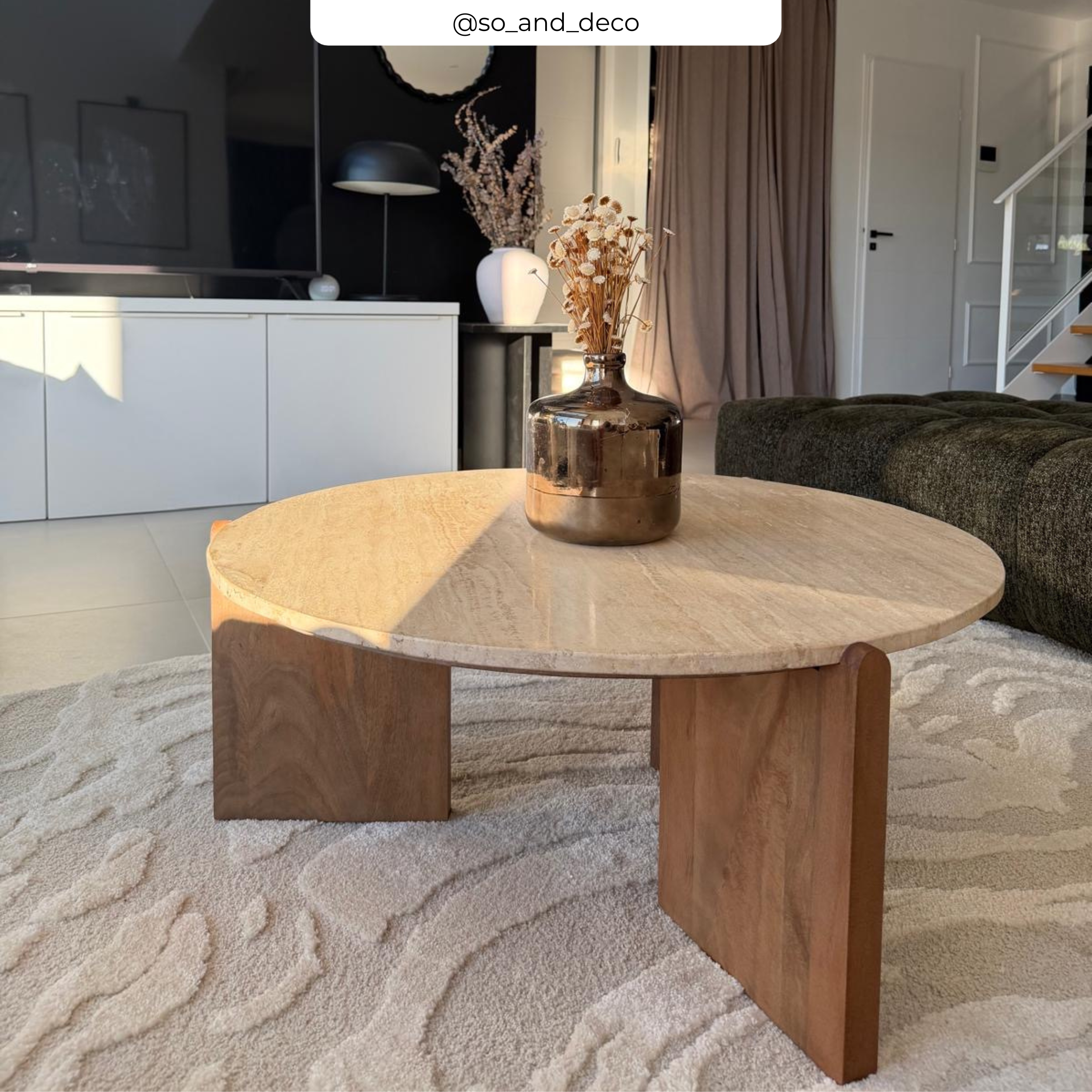 Table basse Sierra en travertin et bois D85 cm