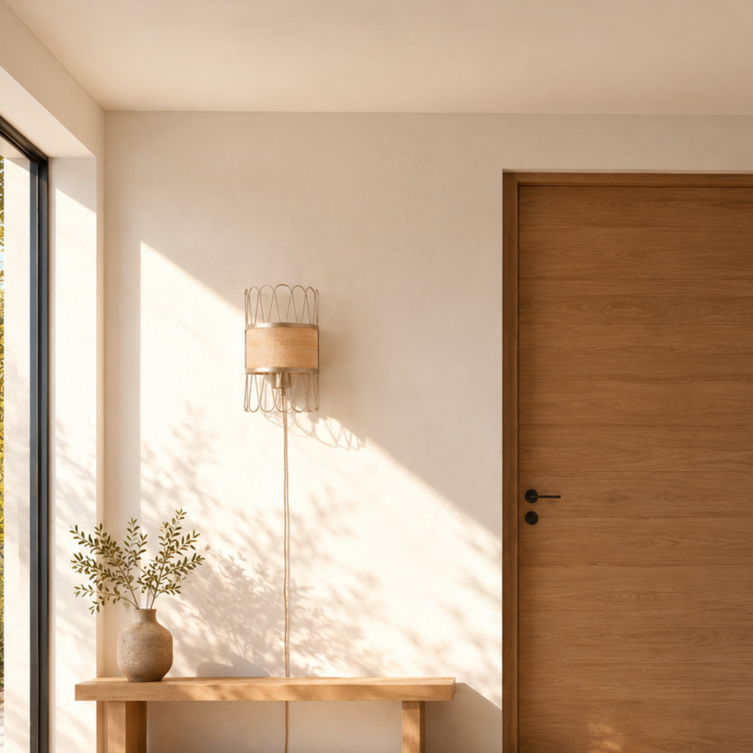 Applique murale Flore en fibre naturelle installée au-dessus d'une console d'entrée - Maison Pavane