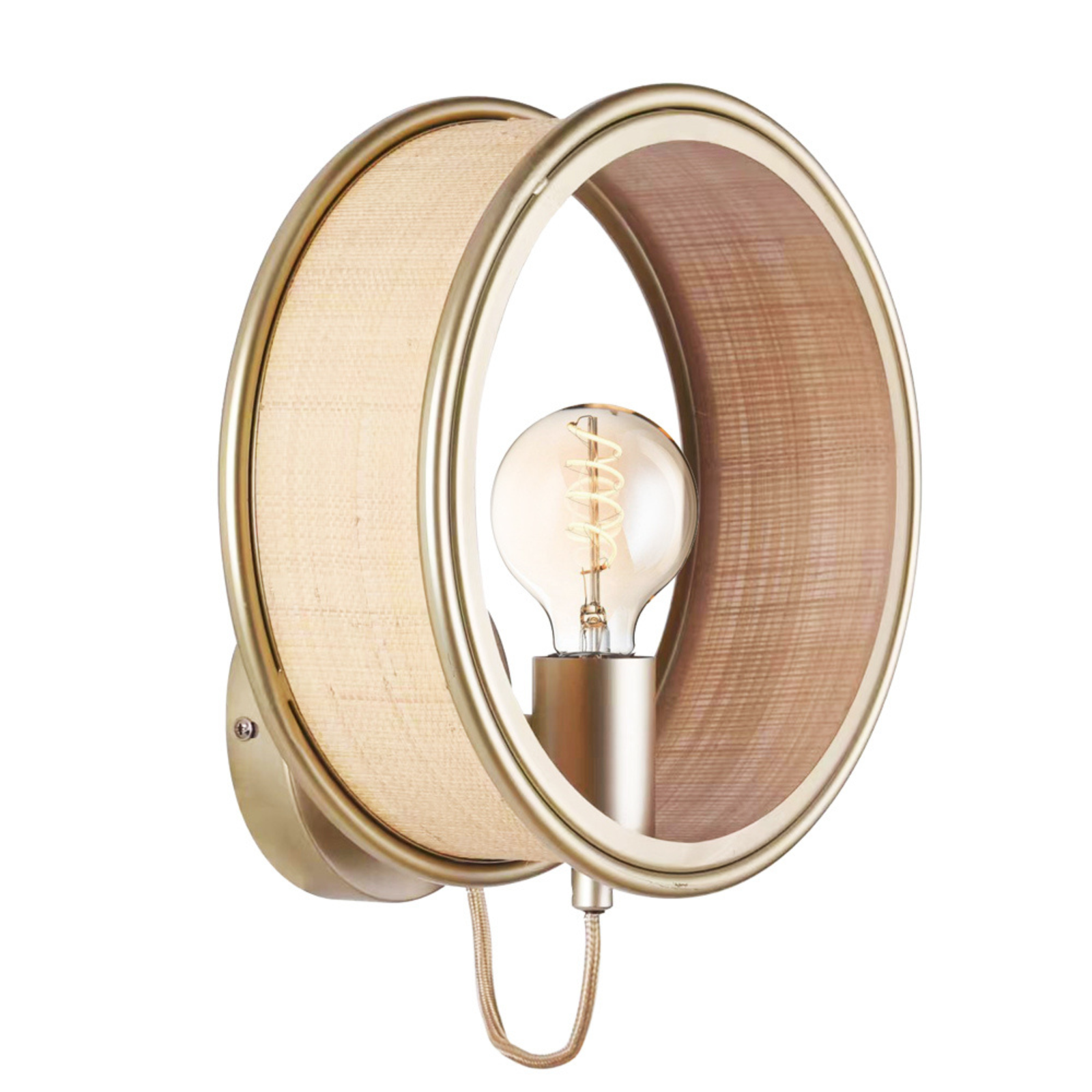 Applique murale ronde Bob en fibre naturelle et métal doré - Maison Pavane