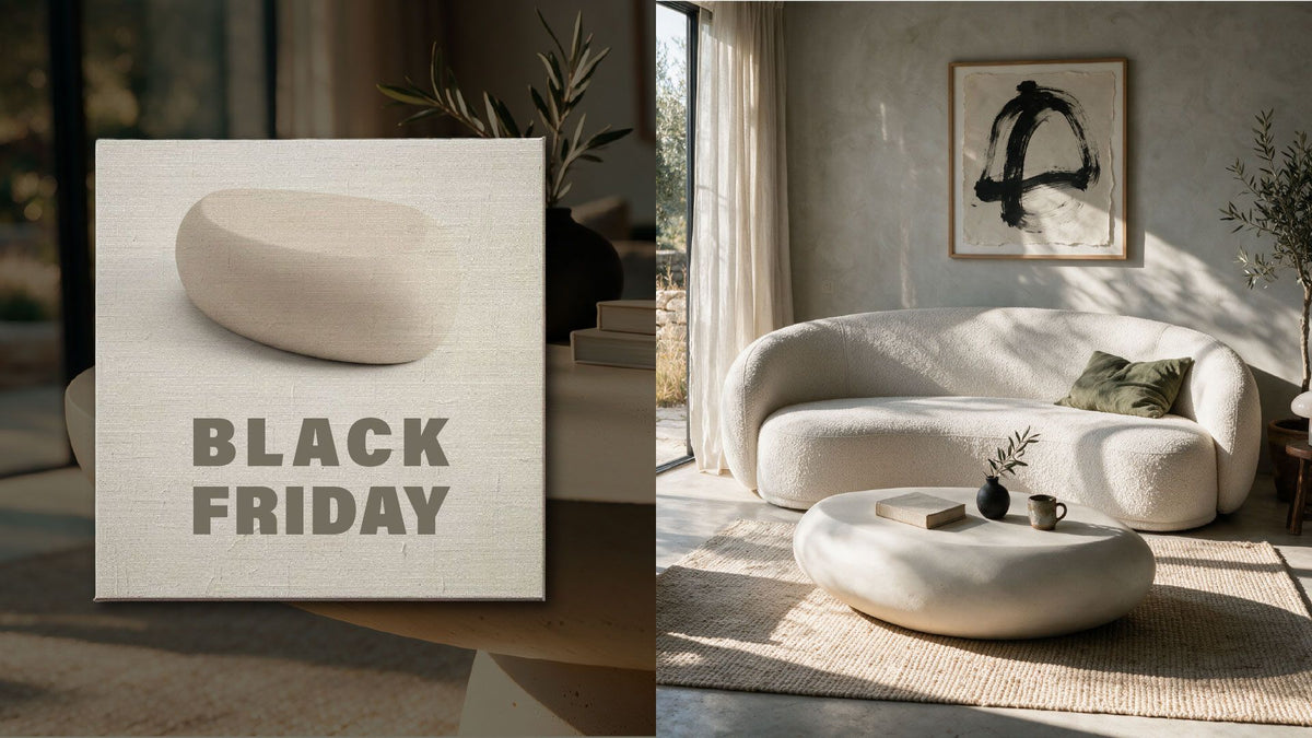 Table basse ronde effet béton et canapé bouclé écru dans un salon lumineux – Maison Pavane