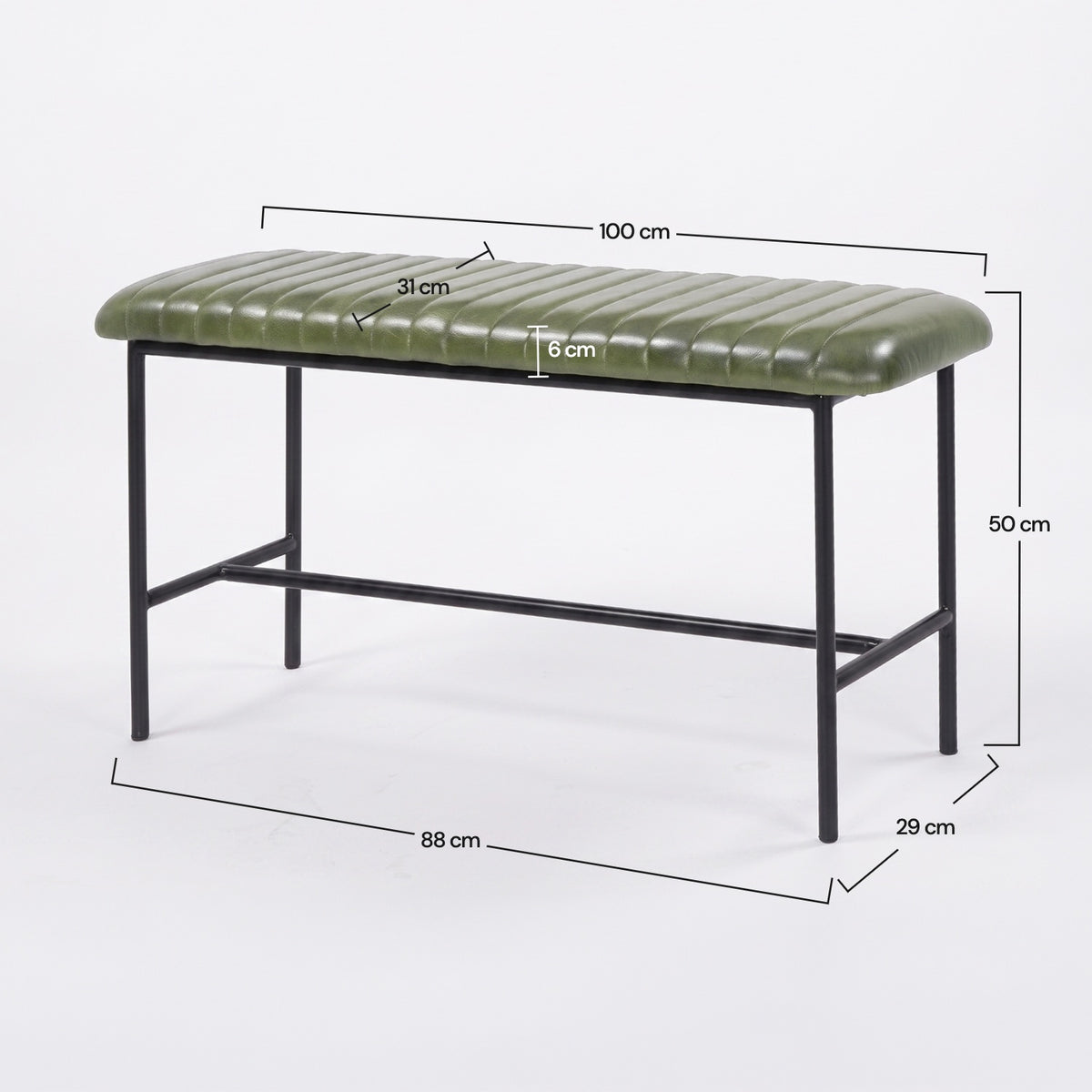 Dimensions du banc Émile 100 cm en cuir de buffle vert - Maison Pavane
