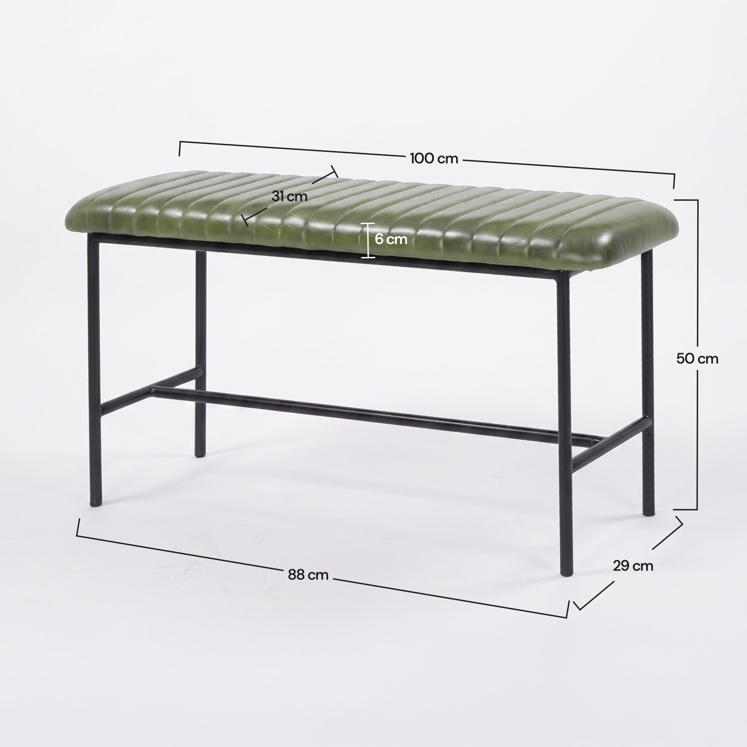 Dimensions du banc Émile 100 cm en cuir de buffle vert - Maison Pavane
