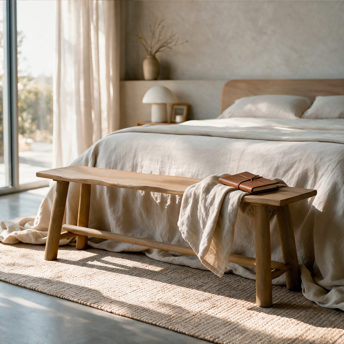 Banc en bois marron dans chambre épurée beige crème Toxis – Maison Pavane