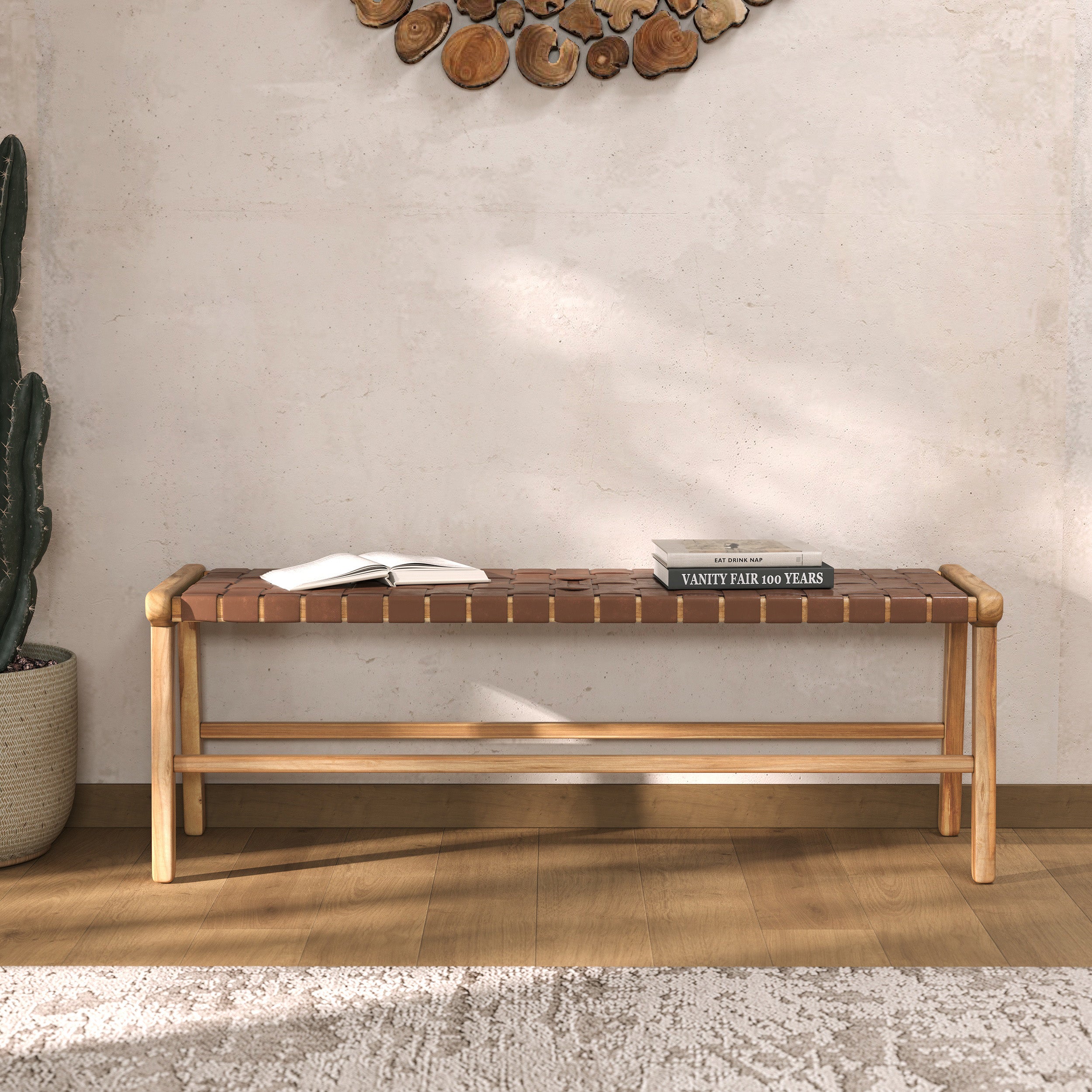 banc kuna en cuir tresse marron 120 cm rendez vous deco