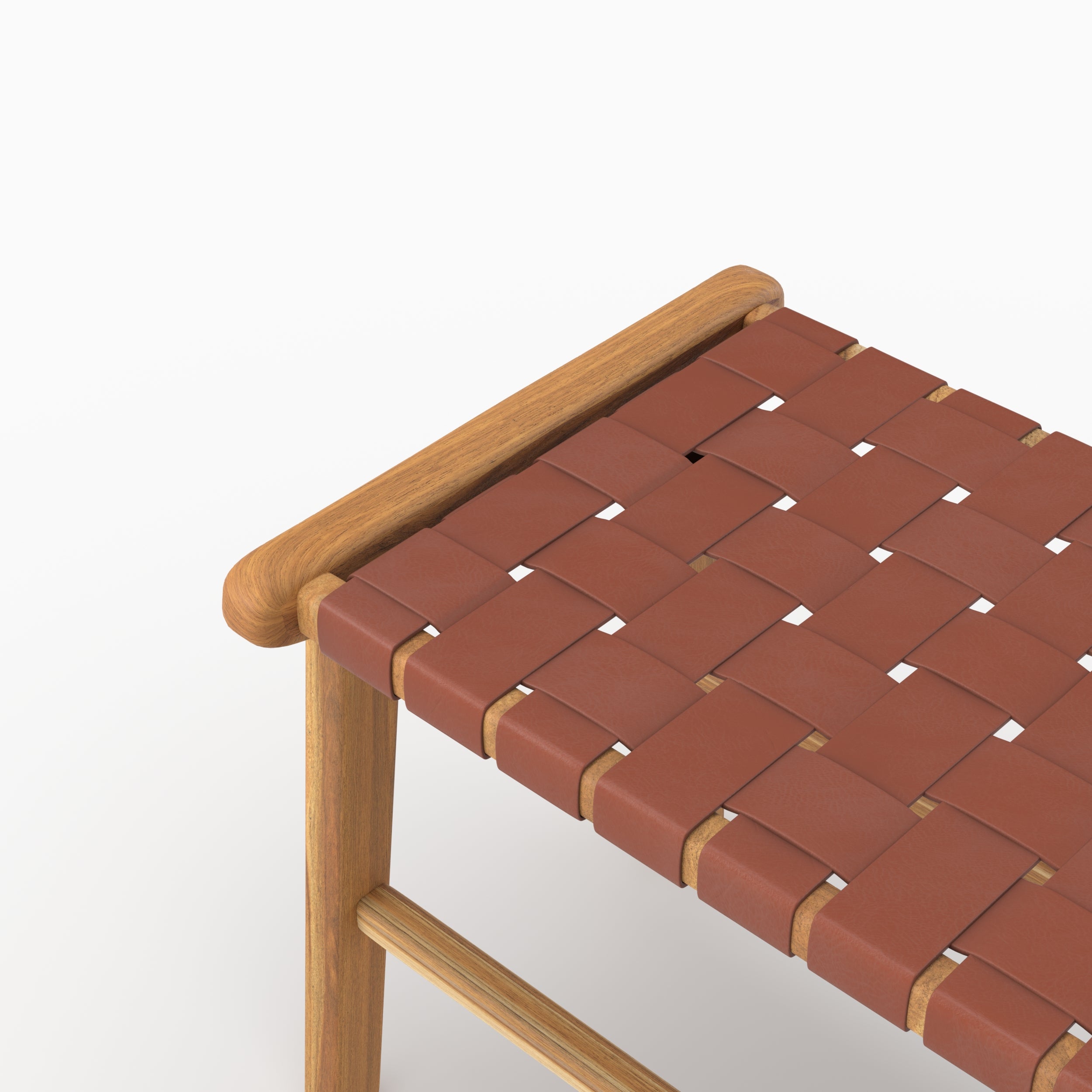 Détail du cuir tressé marron de l'assise du banc Kuna en teck - Maison Pavane