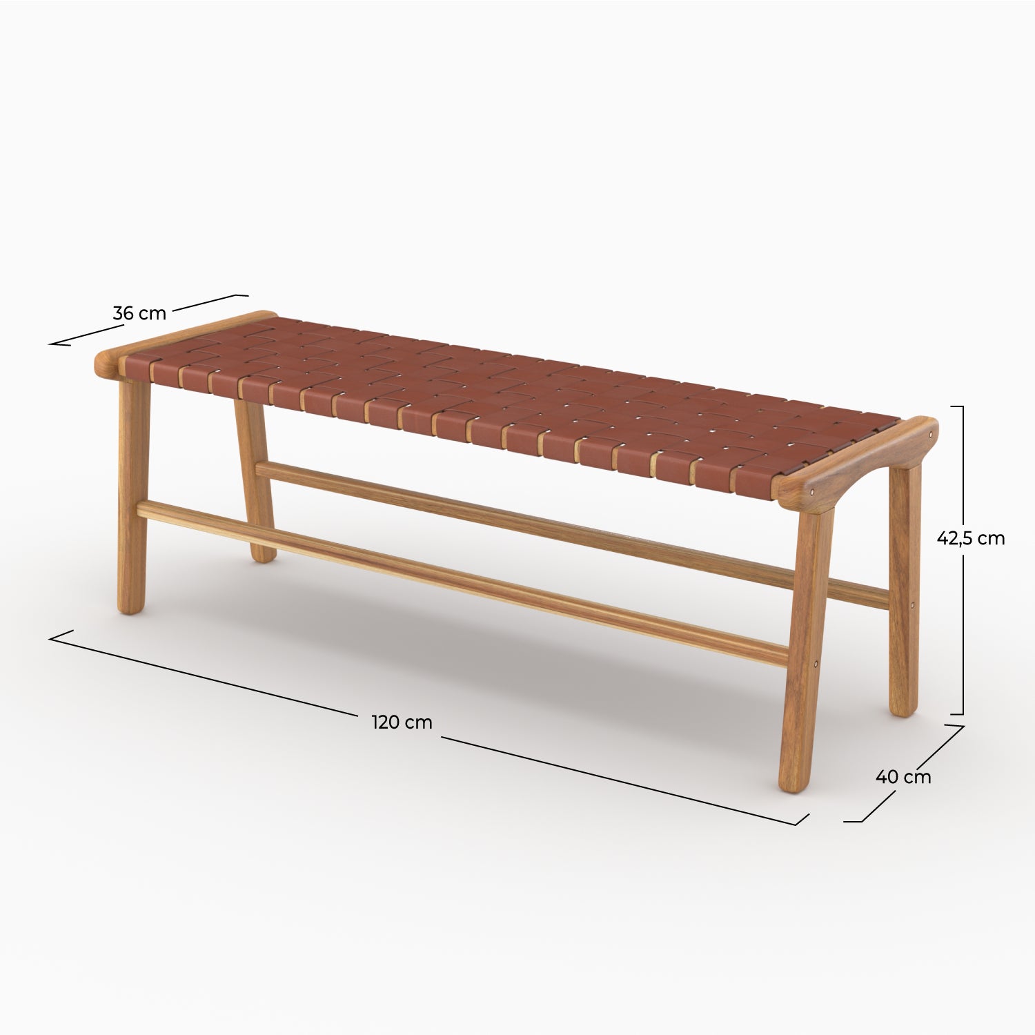 Dimensions du banc Kuna 120 cm en teck et cuir tressé marron - Maison Pavane