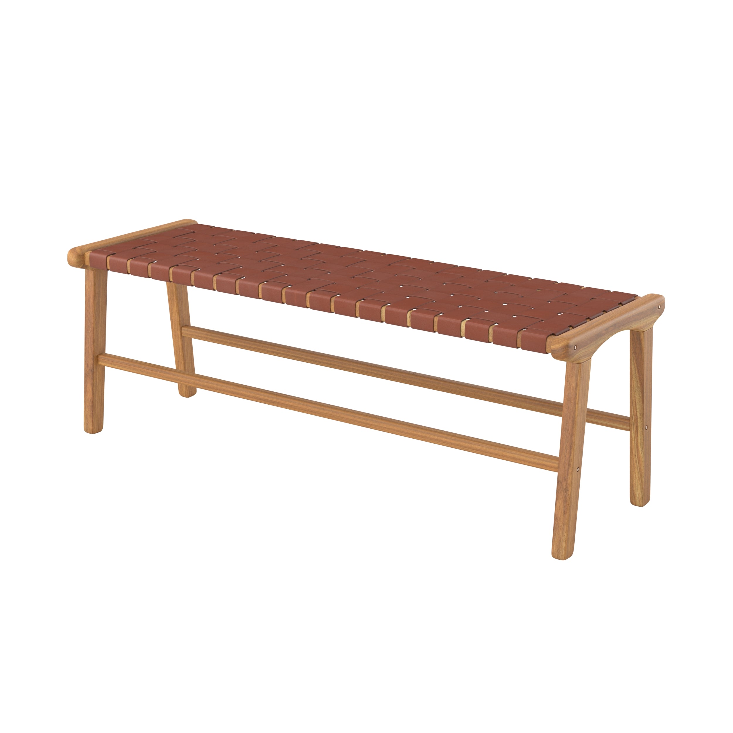 Banc Kuna 120 cm en teck et cuir tressé marron sur fond blanc - Maison Pavane