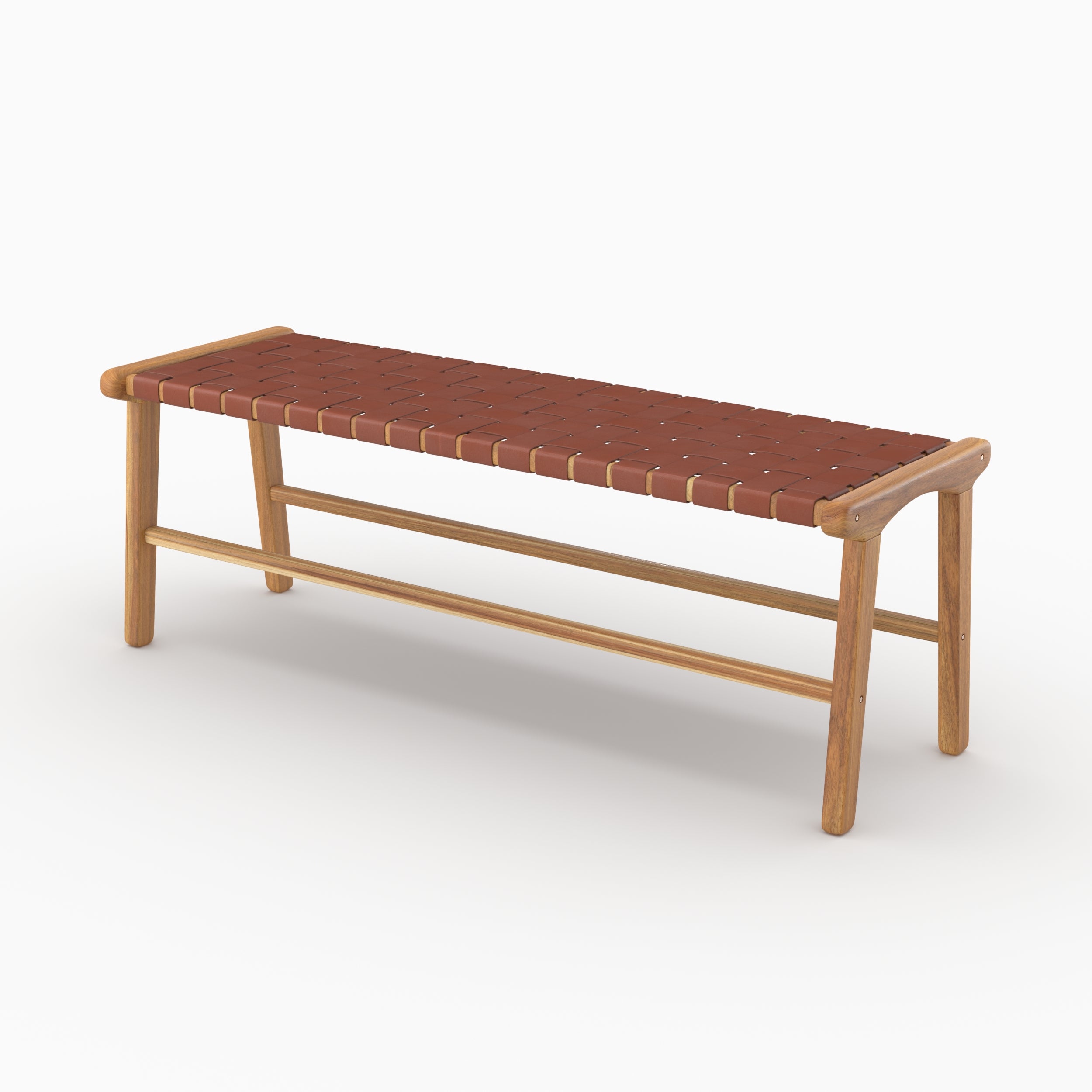 Banc Kuna 120 cm en teck et cuir tressé marron vu de trois quarts - Maison Pavane