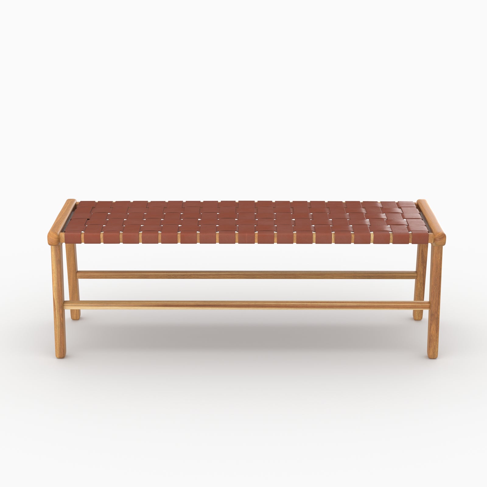 Banc Kuna 120 cm en teck et cuir tressé marron vu de face - Maison Pavane