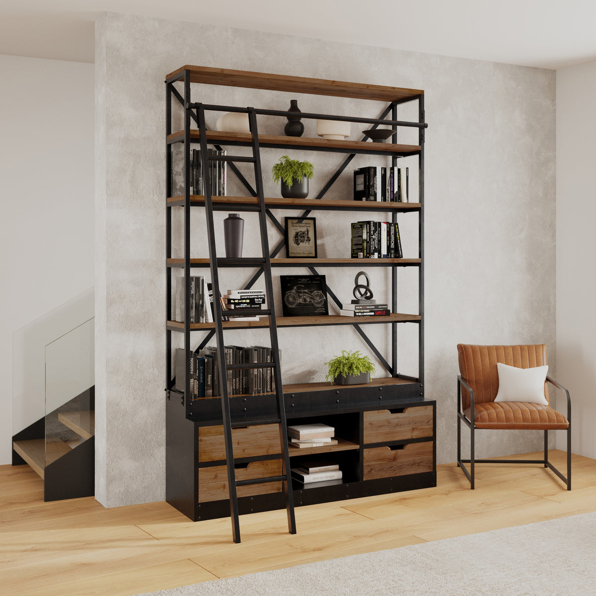 Bibliothek Kasi 160 cm mit 4 Schubladen aus Holz und Metall – Maison Pavane