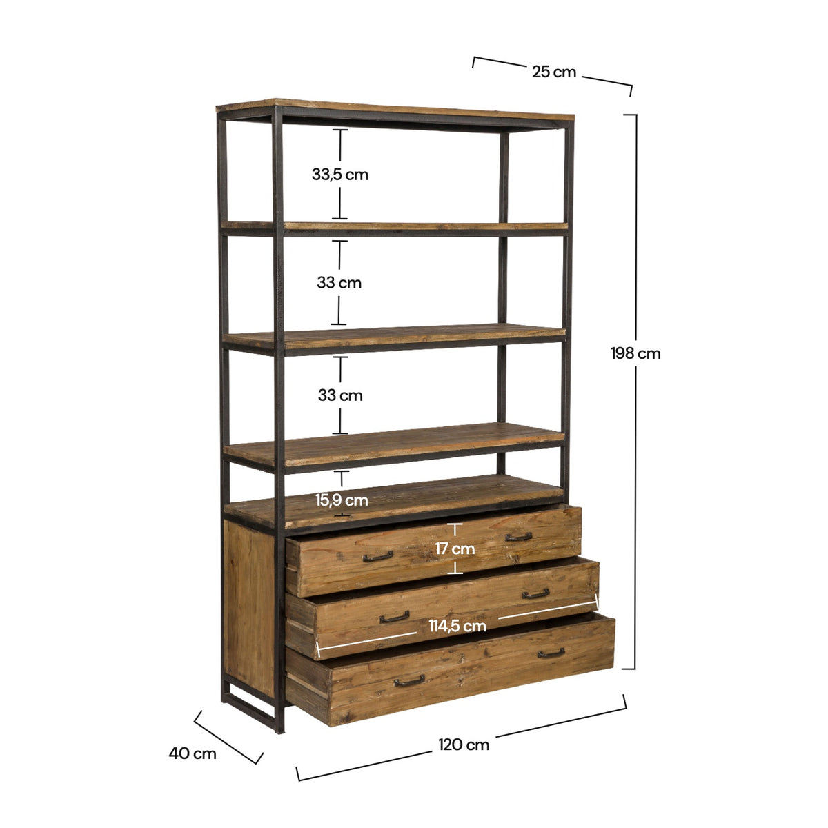 Bibliothèque en bois et métal noir avec tiroirs – Maison Pavane