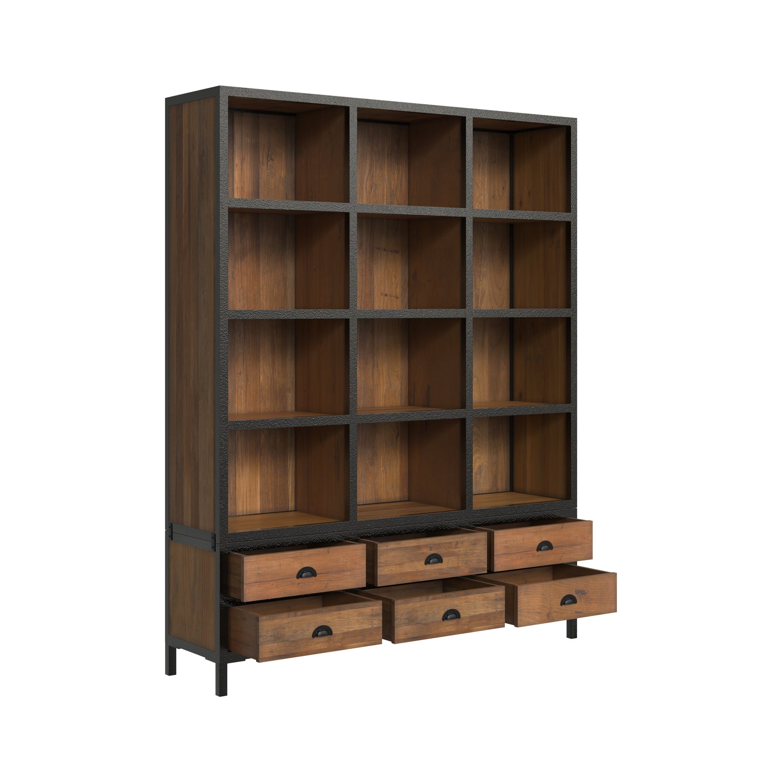 biblioteca shelby industriale 6 cassetti 12 nicchie in metallo e cedro