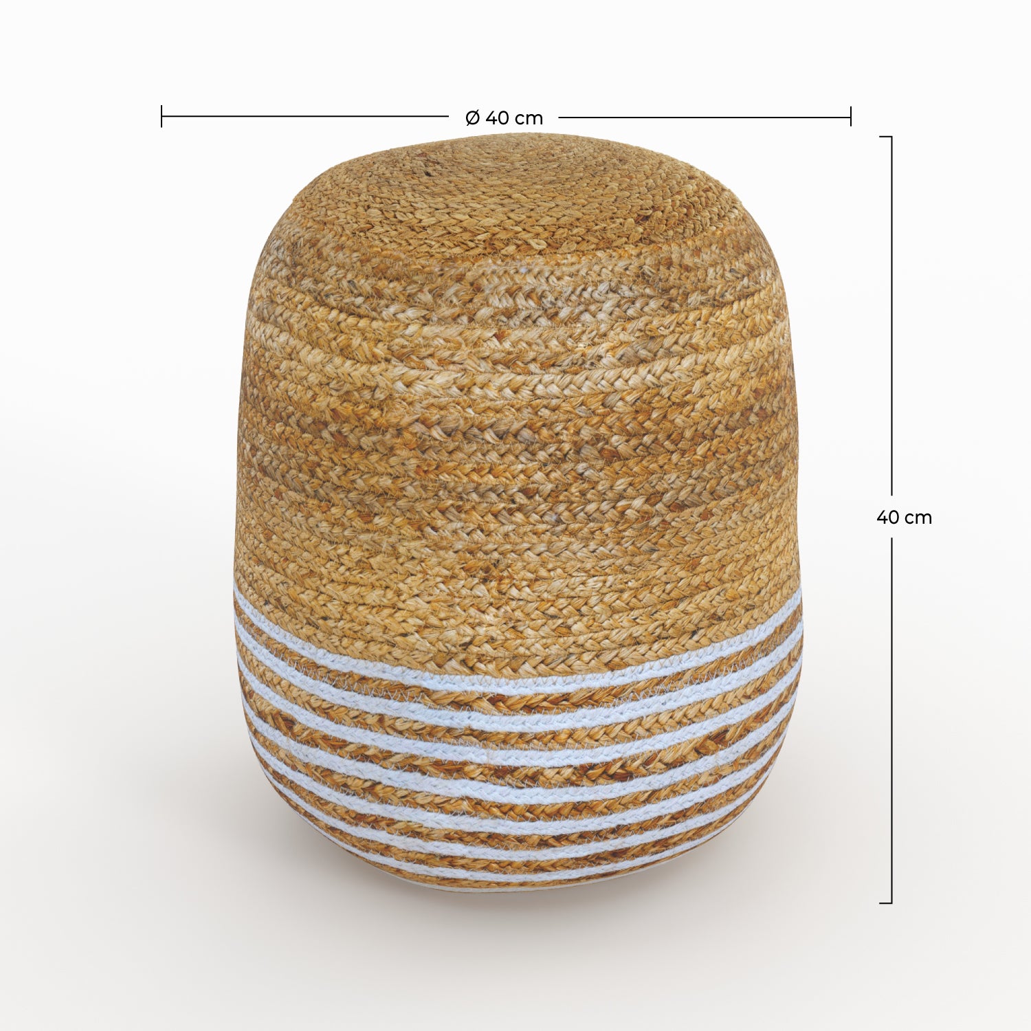 pouf Billy rotondo in iuta con righe bianche sottili diametro 40 cm