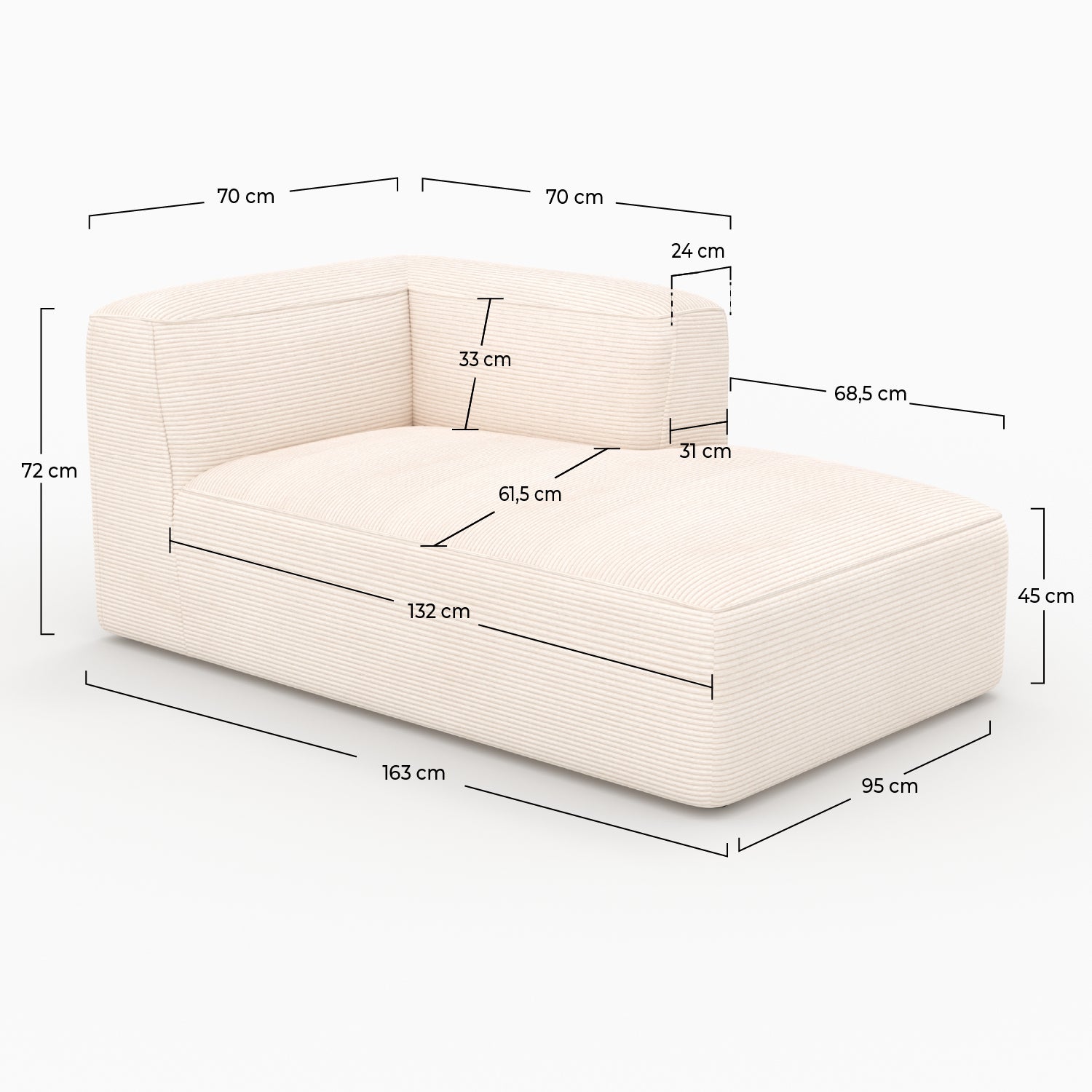 Blanc velours méridienne angle droit Mina canapé modulable