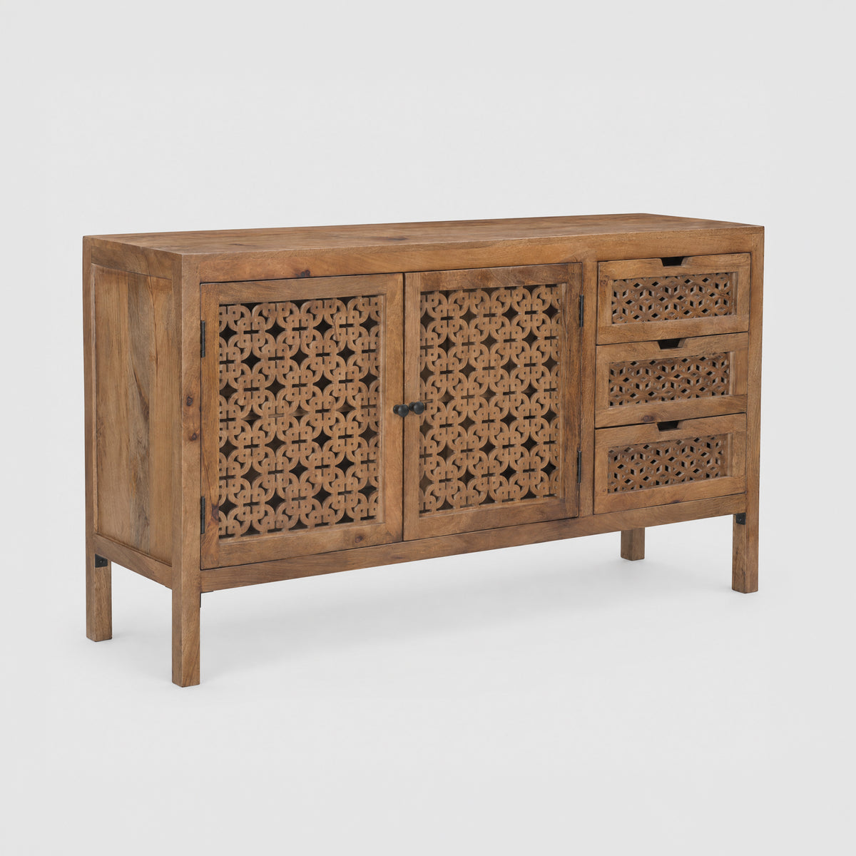Buffet ajouré Jaya en bois de manguier, vue trois-quarts - Maison Pavane
