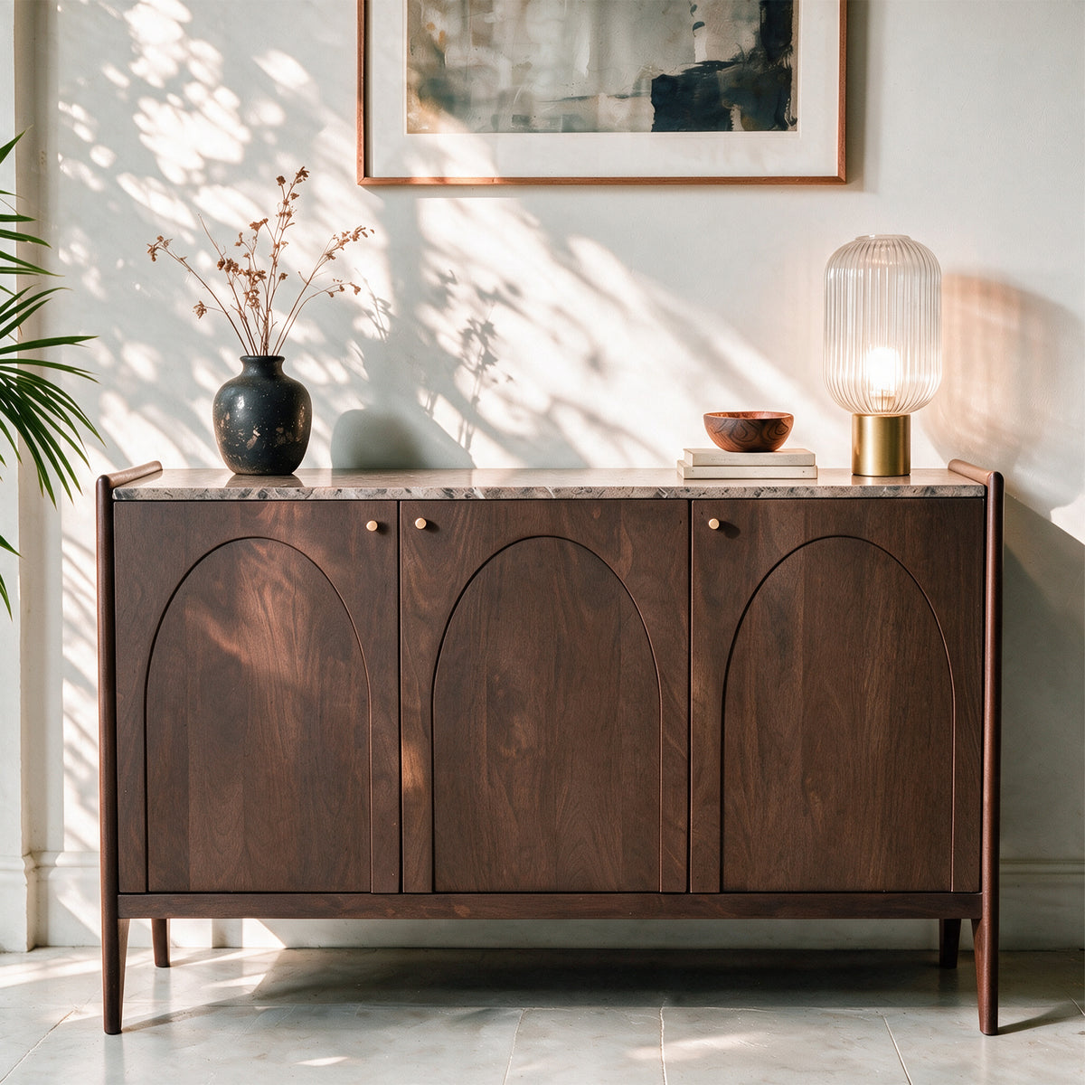 Buffet bois marron foncé plateau marbre – Maison Pavane
