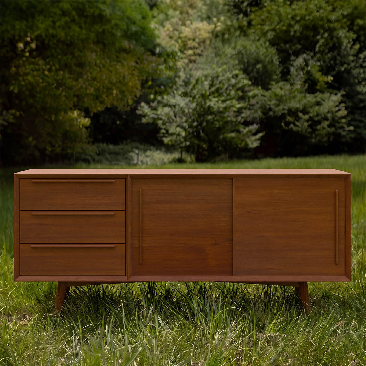 Buffet vintage en bois noyer, 3 tiroirs et portes coulissantes, style mid-century, cadre naturel – Maison Pavane