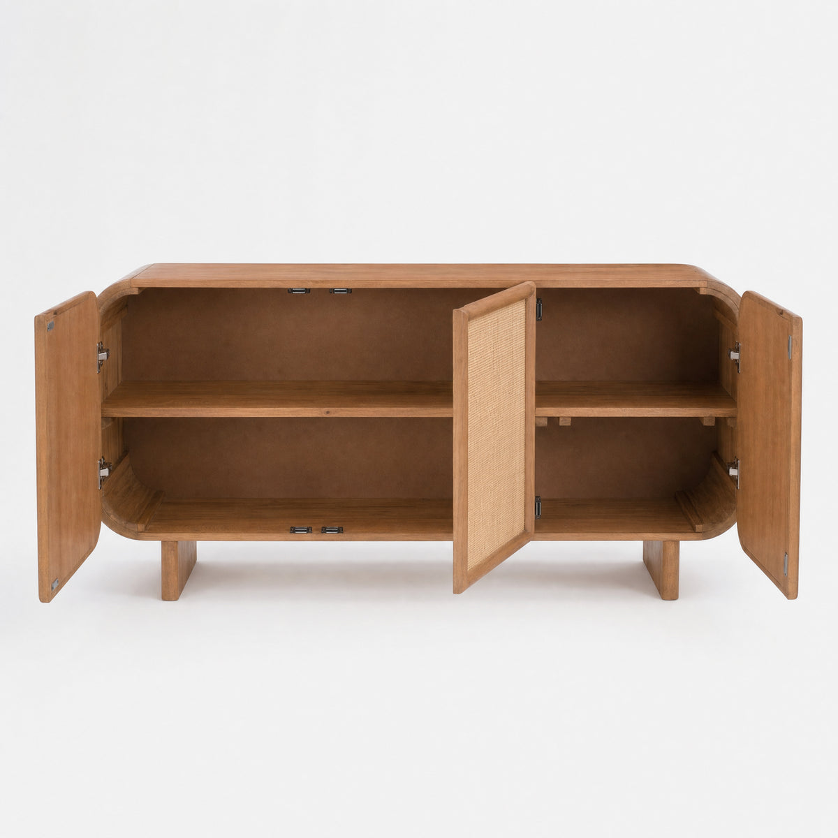 Buffet Ezio en bois de manguier et cannage, portes ouvertes - Maison Pavane